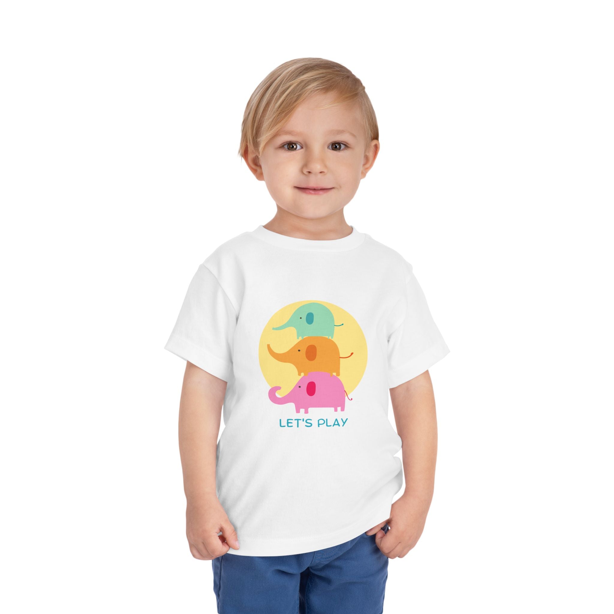 Toddler Tee — Colorful Stacked Elephants "Let's Play" Graphic