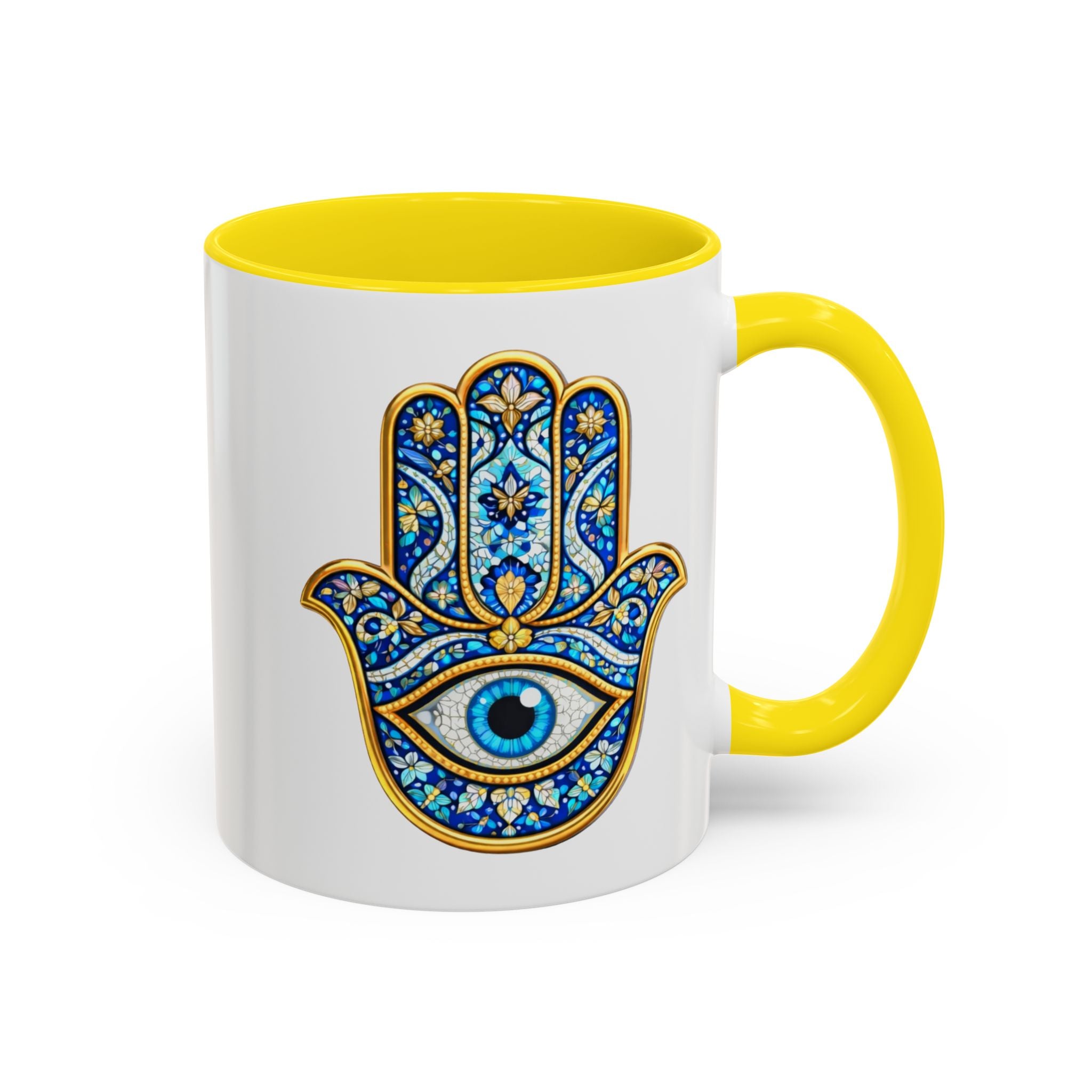 Hamsa Hand Accent Coffee Mug – Blue Protective Evil Eye Ceramic Mug (11/15oz)