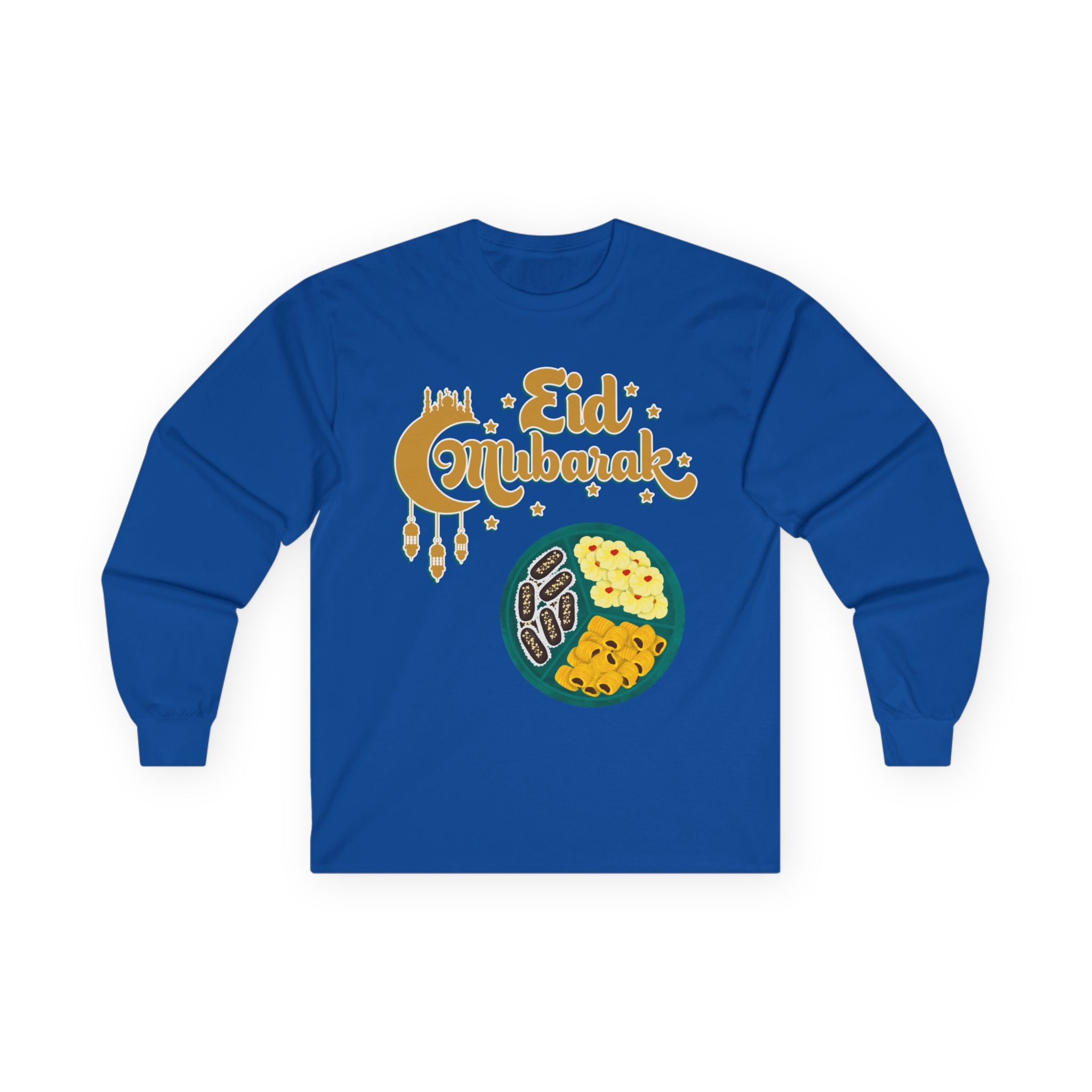 Eid Mubarak Long Sleeve Tee — Festive Ramadan Celebration Shirt with Dates & Sweets Design