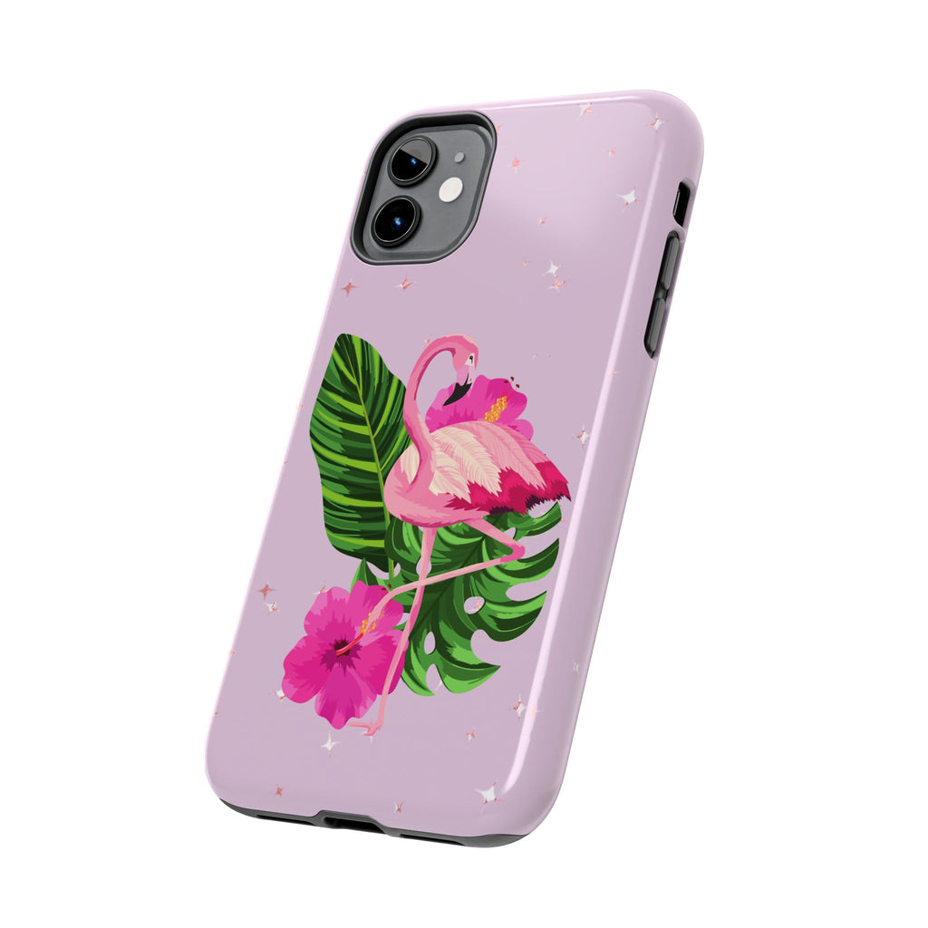 Flamingo Tropical Tough Phone Case — Pink Hibiscus & Palm Leaves