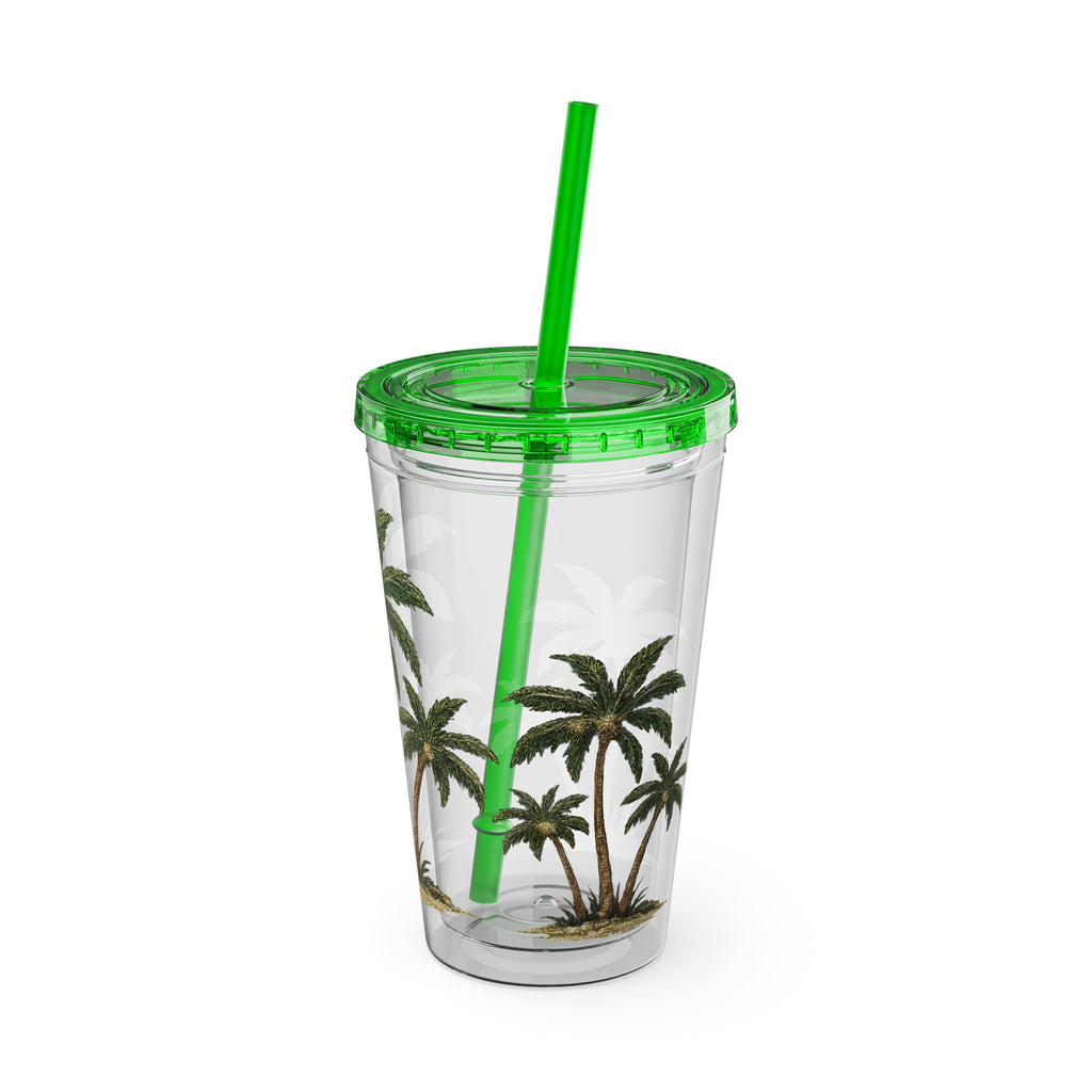 Palm Tree Tumbler — 16oz Clear Travel Cup with Straw, Tropical Sunsplash Design