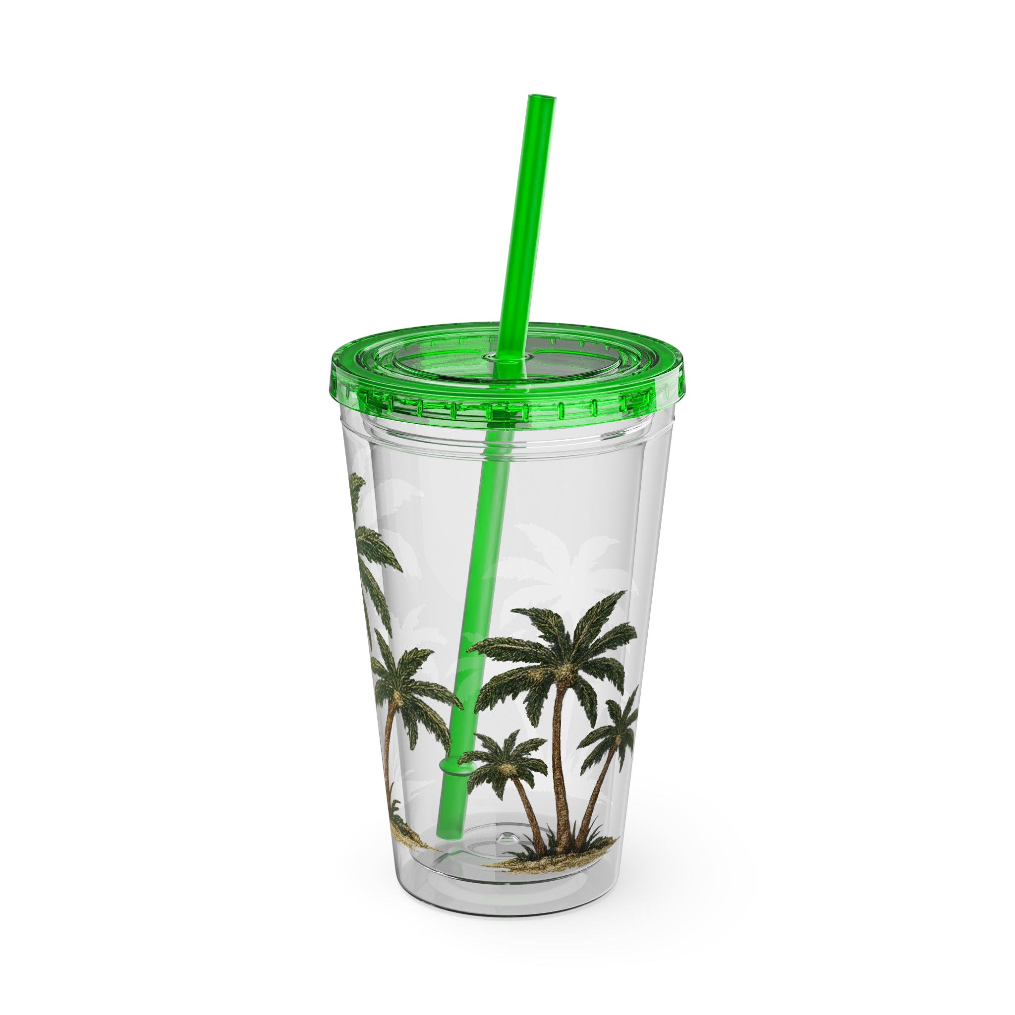 Palm Tree Tumbler — 16oz Clear Travel Cup with Straw, Tropical Sunsplash Design