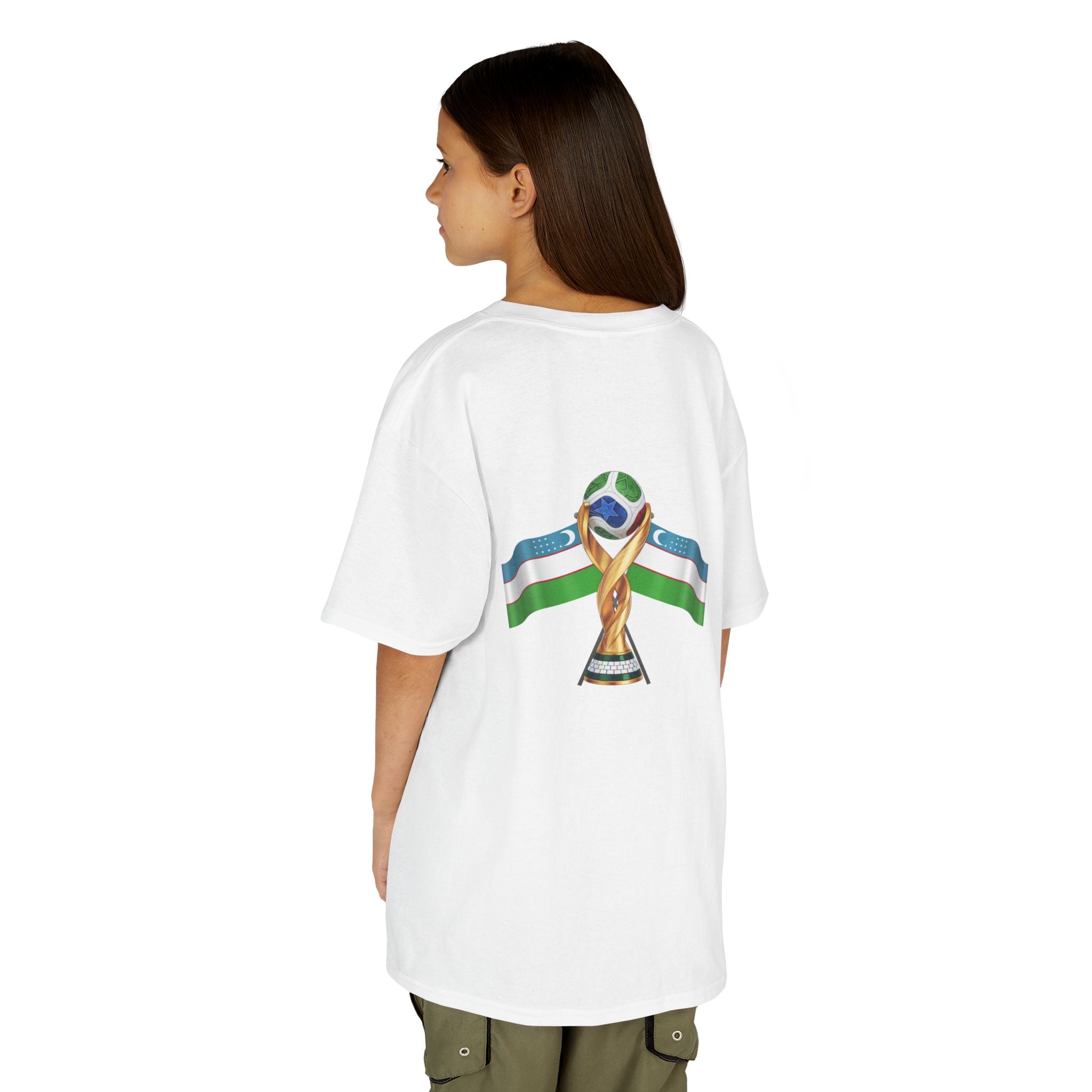 Uzbekistan Kids Tee — Uzbekistan Flag & Trophy Football Cup Shirt