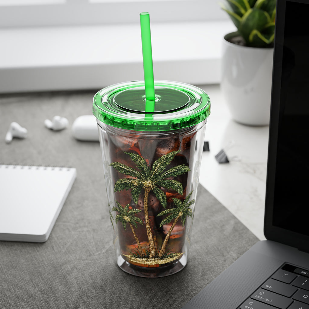 Palm Tree Tumbler — 16oz Clear Travel Cup with Straw, Tropical Sunsplash Design