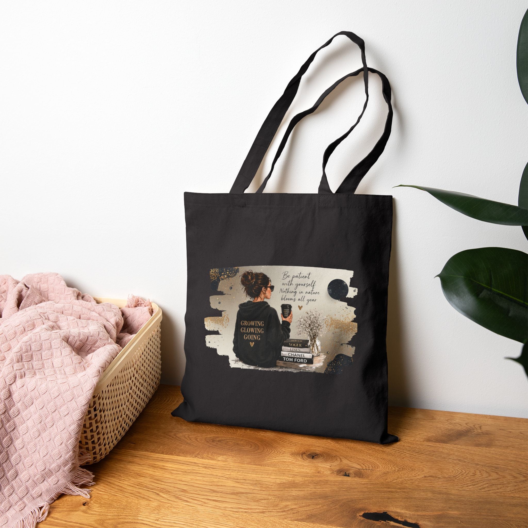 Canvas Tote Bag — 'Be Patient. Be Good to Your People' Cozy Coffee Shop Illustration