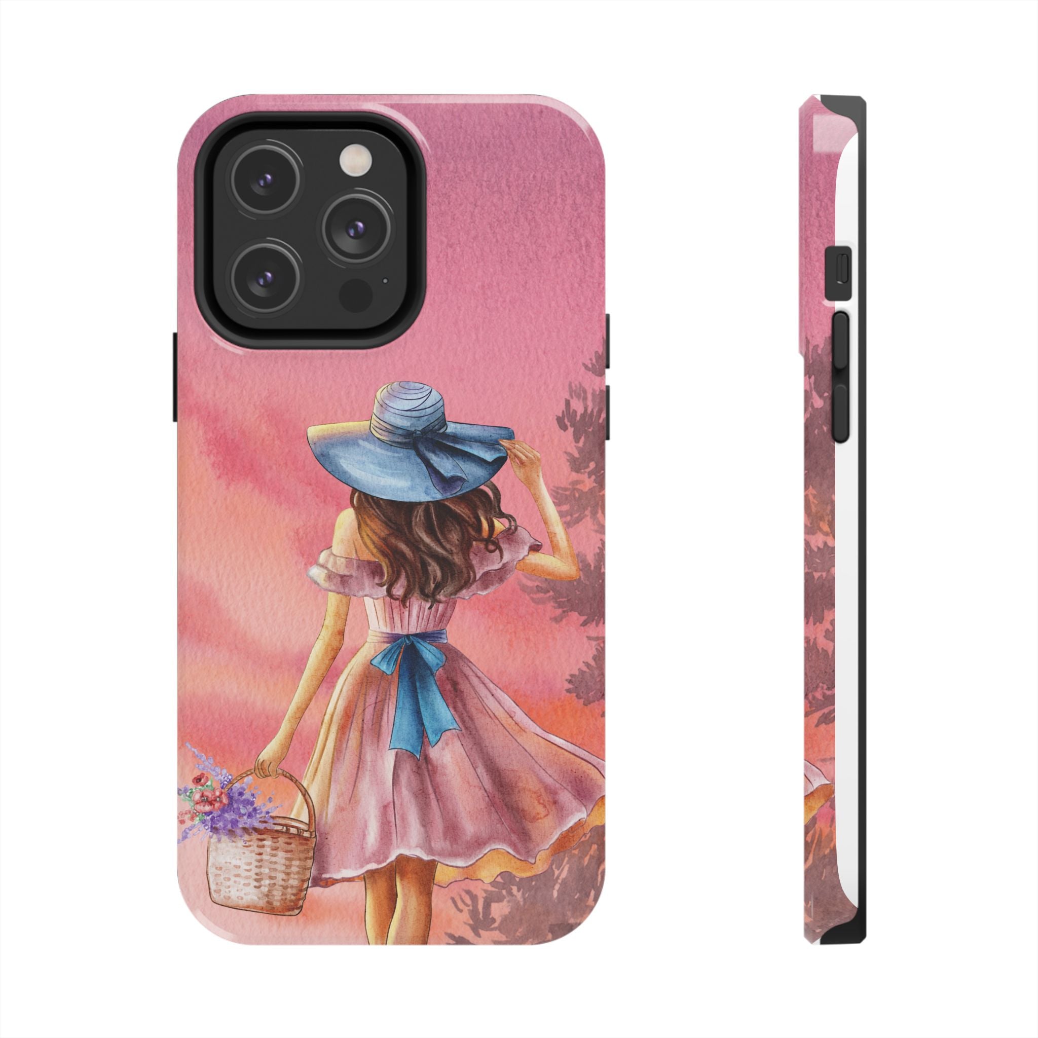 Pastel Picnic Girl Phone Case — Protective Tough Phone Case with Watercolor Sunset Design