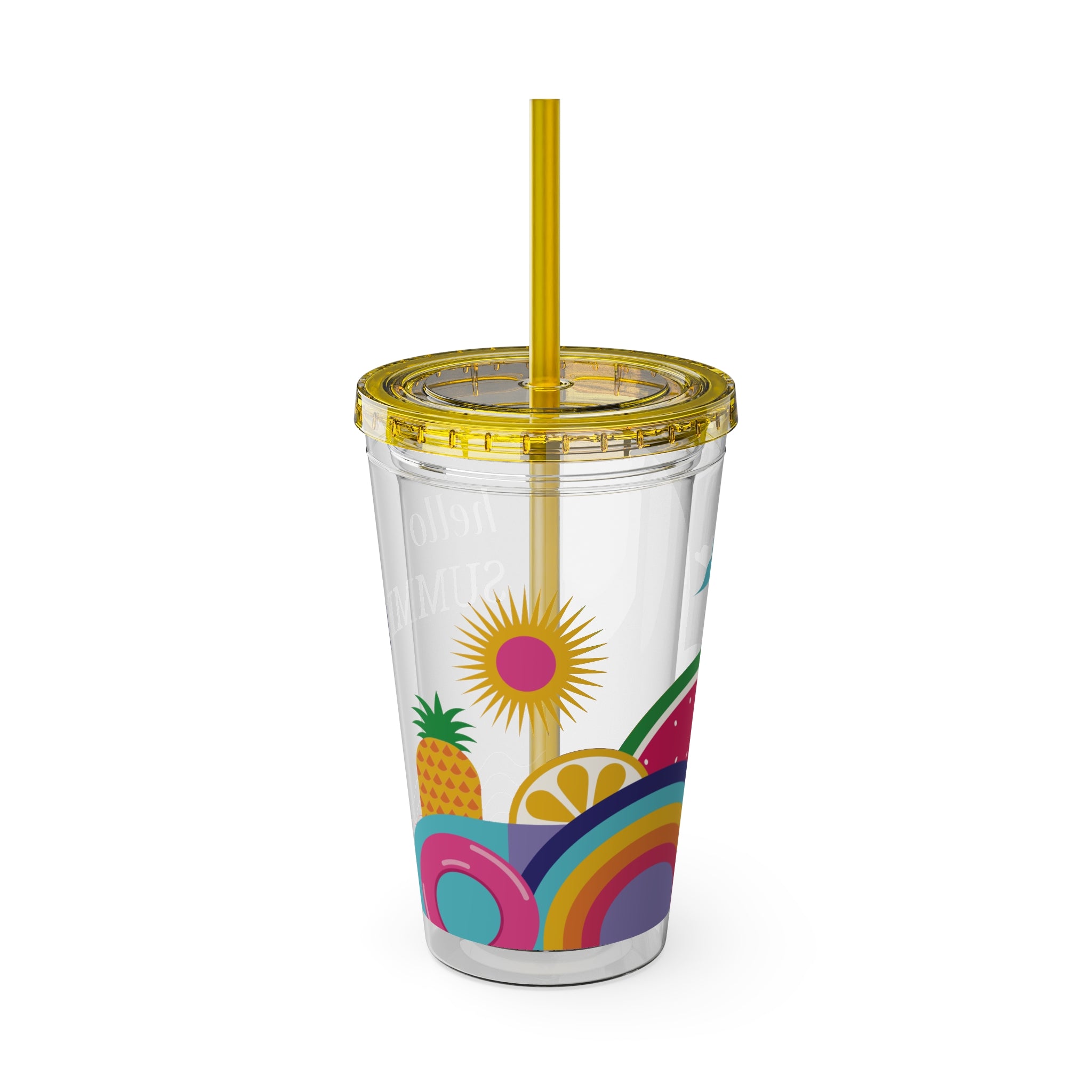16oz Sunsplash Tumbler with Straw — "Hello Summer" Colorful Beach Vibes