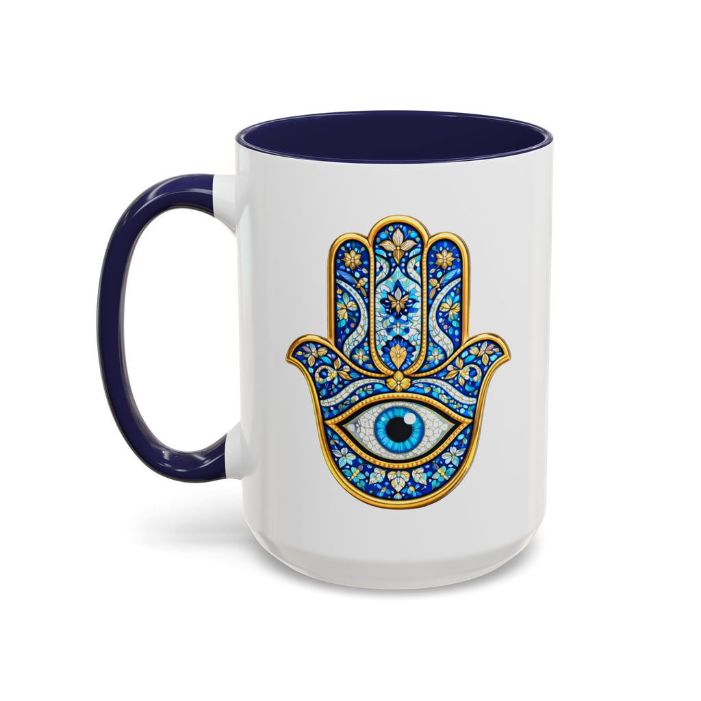 Hamsa Hand Accent Coffee Mug – Blue Protective Evil Eye Ceramic Mug (11/15oz)