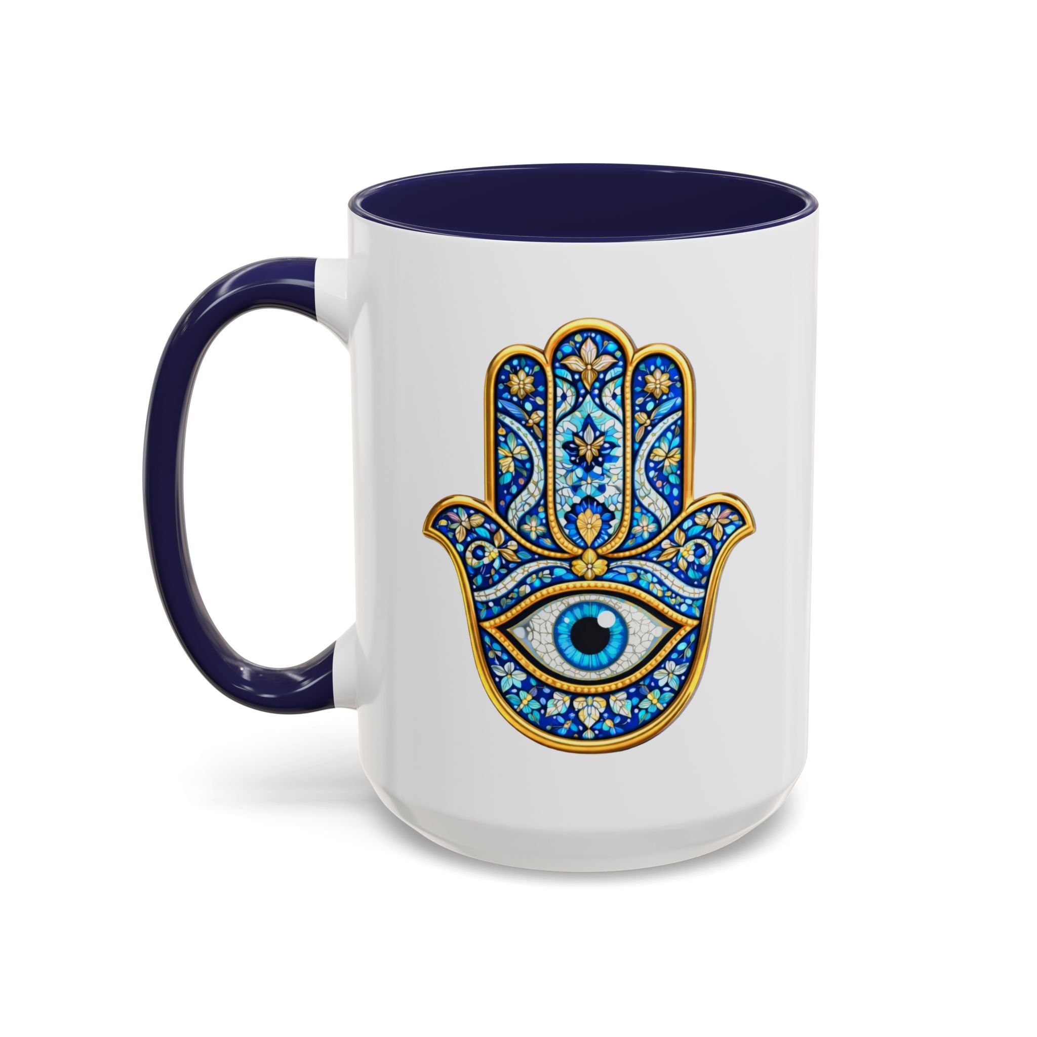 Hamsa Hand Accent Coffee Mug – Blue Protective Evil Eye Ceramic Mug (11/15oz)