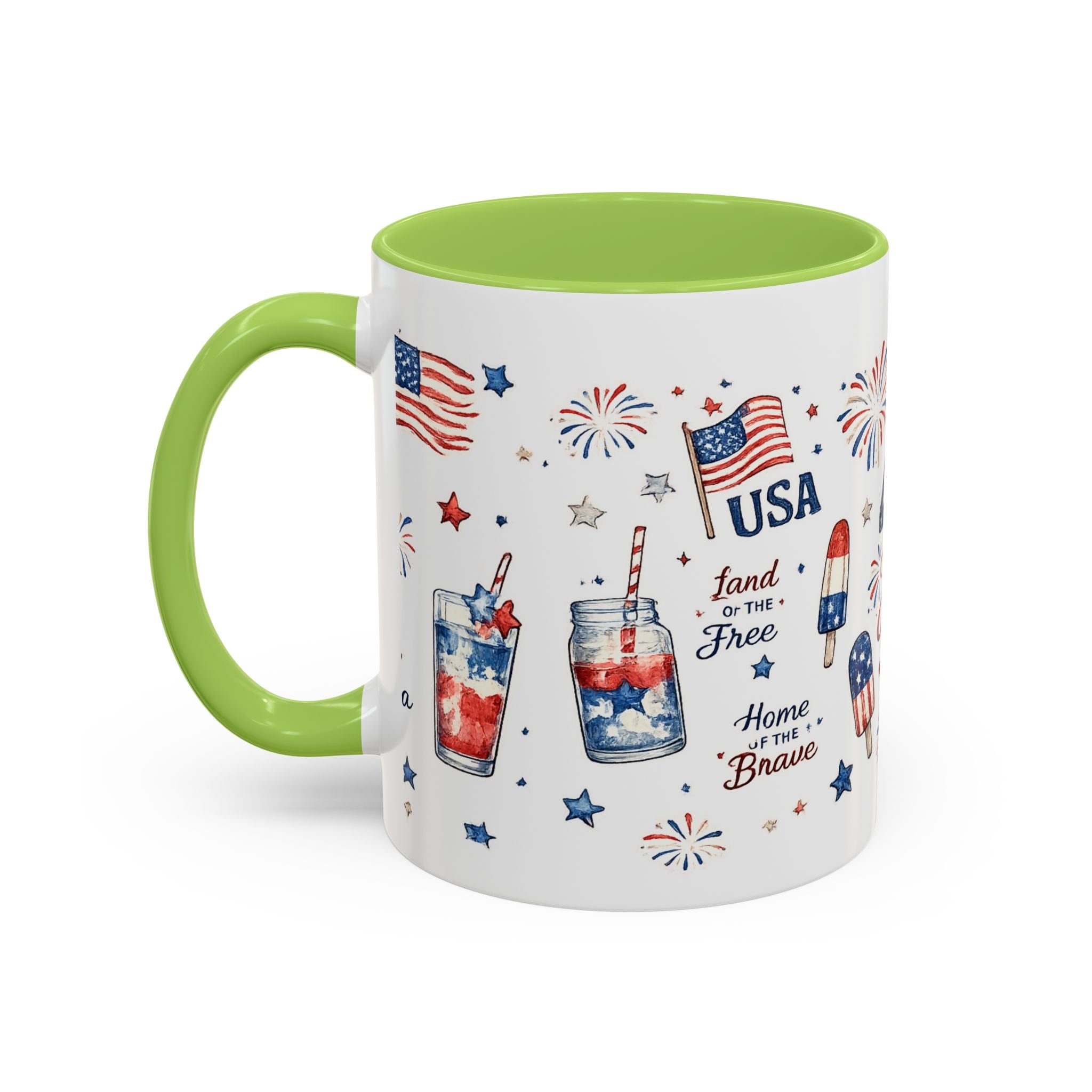 4th of July Accent Coffee Mug — Patriotic Fireworks & God Bless America Design (11oz)