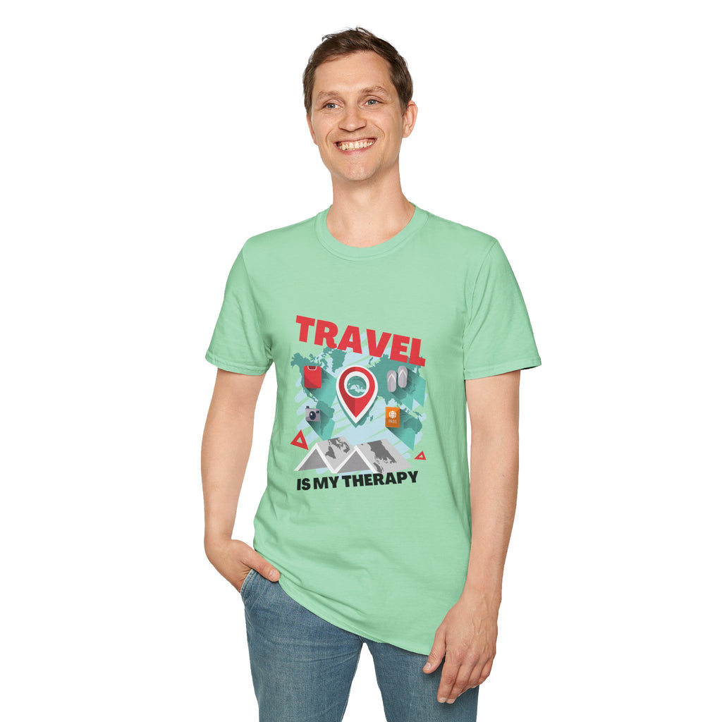 Travel Is My Therapy T-Shirt — Wanderlust Map Tee for Travelers & Adventure Lovers