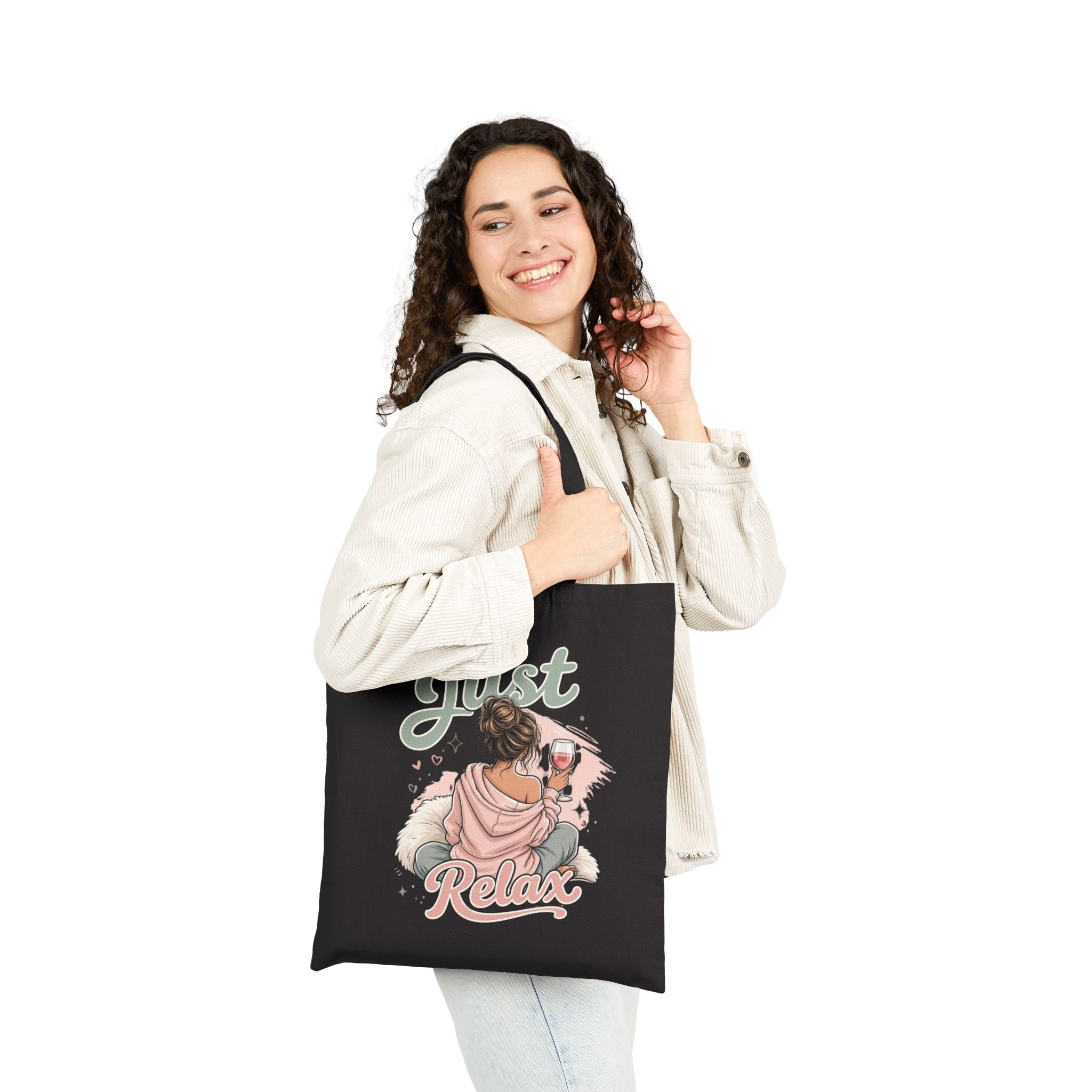 Tote Bag — "Just Relax" Illustration Canvas Tote (Cozy Wine & Self-Care Vibe)