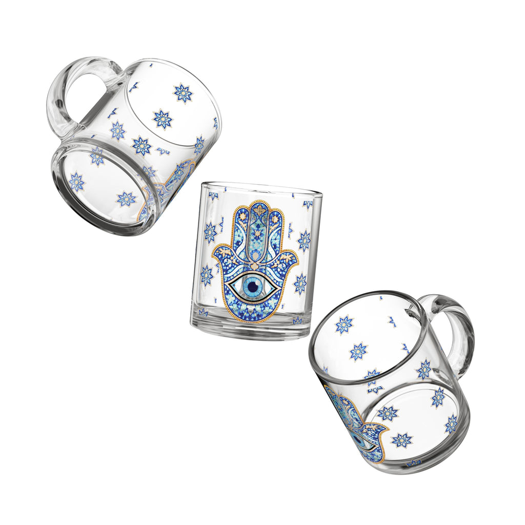 Hamsa Evil Eye Glass Mug — 10oz Blue Mosaic Protection Tea/Coffee Cup