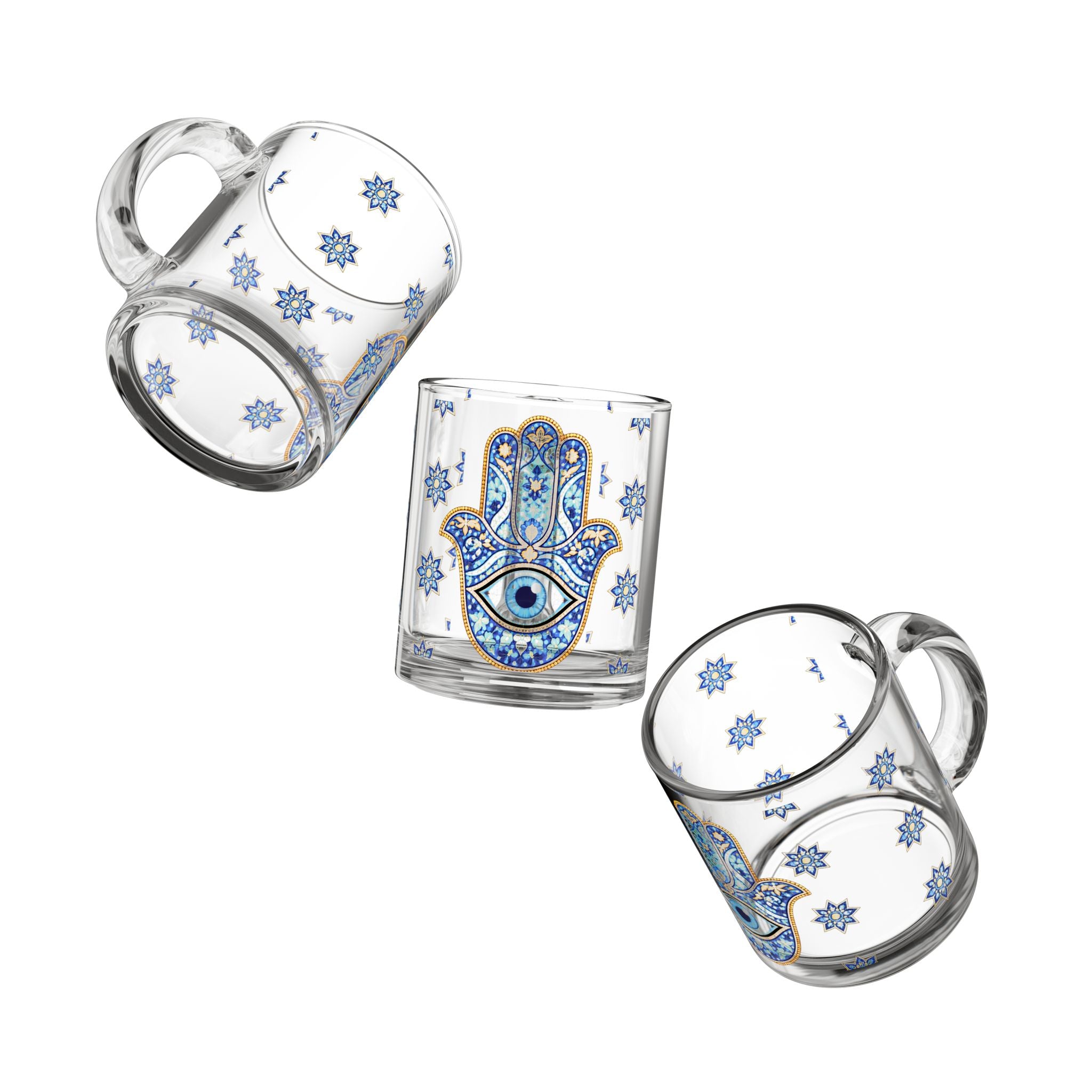 Hamsa Evil Eye Glass Mug — 10oz Blue Mosaic Protection Tea/Coffee Cup