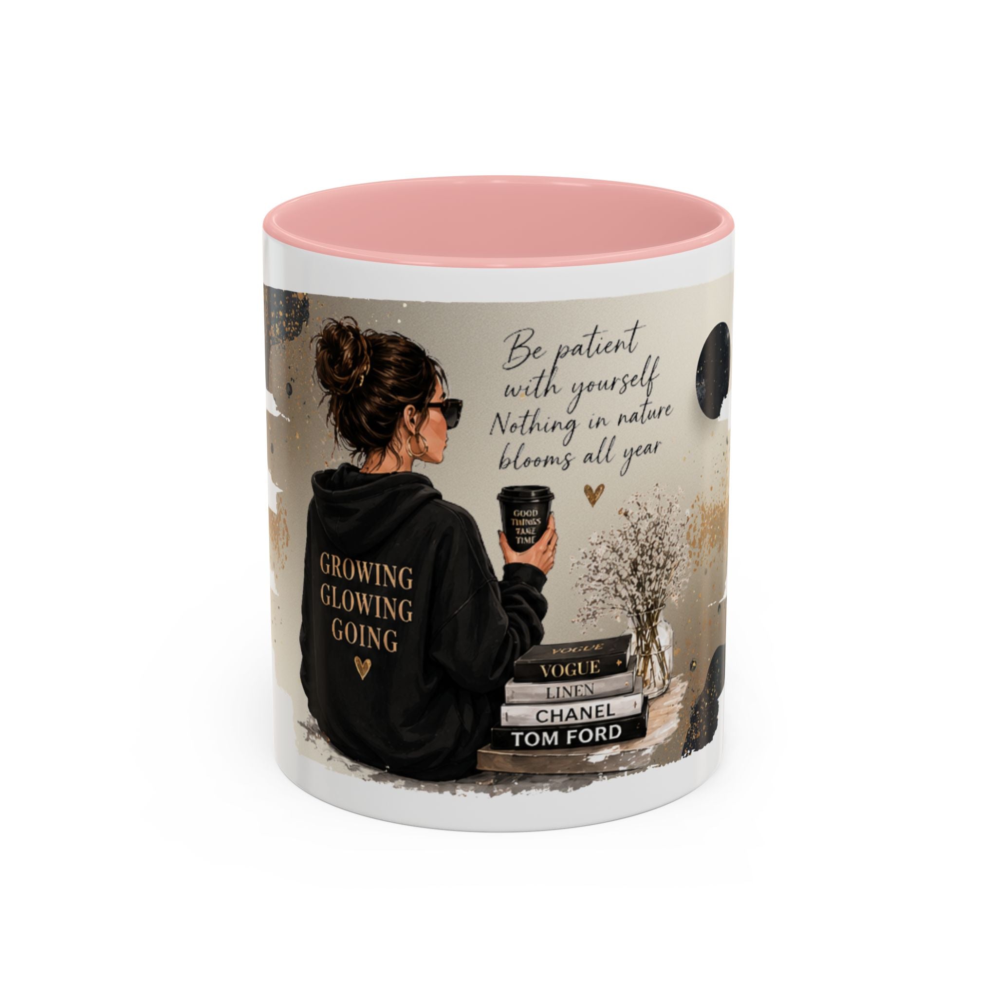 Inspirational Coffee Mug — "Be patient with yourself" Cozy Woman Design (11oz)