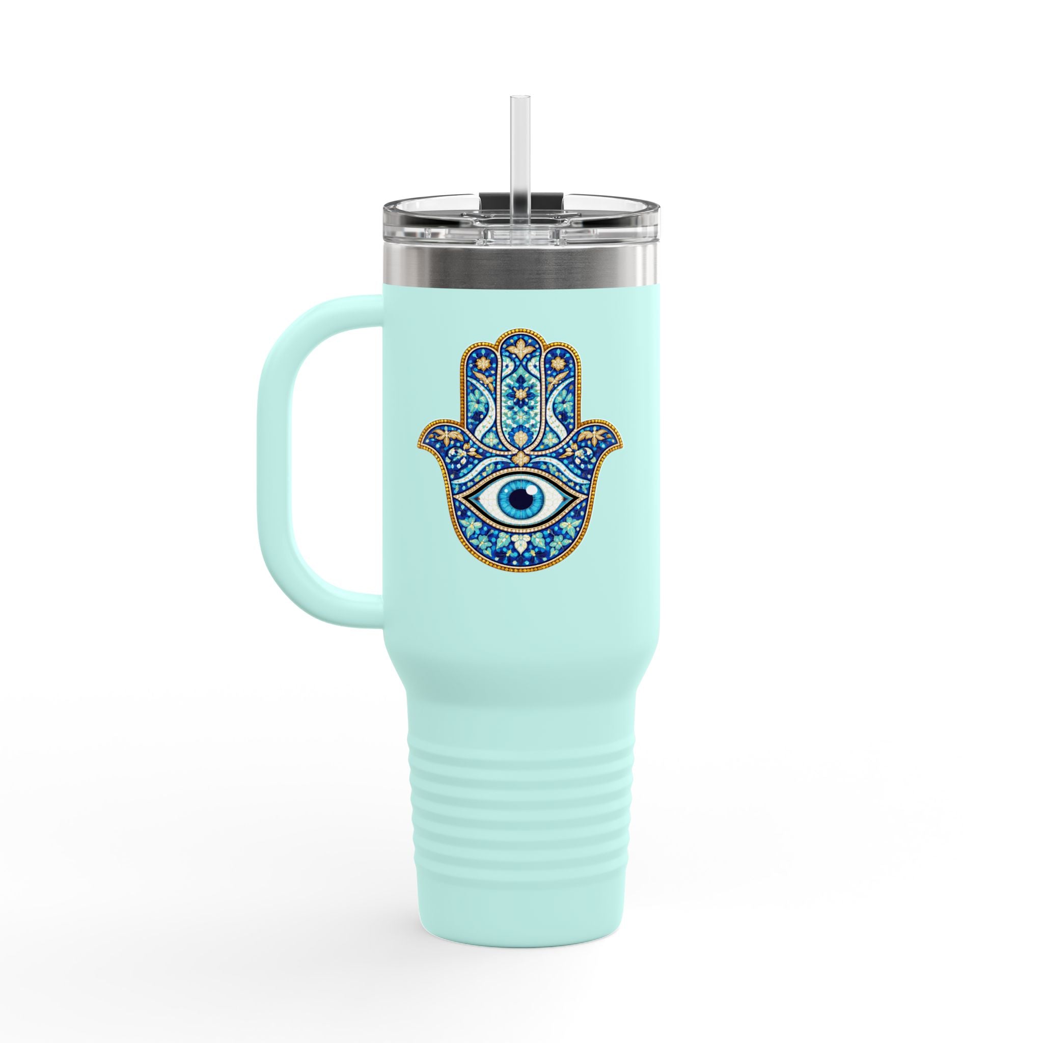 Hamsa Hand 40oz Insulated Travel Mug — Blue Evil Eye Tumbler