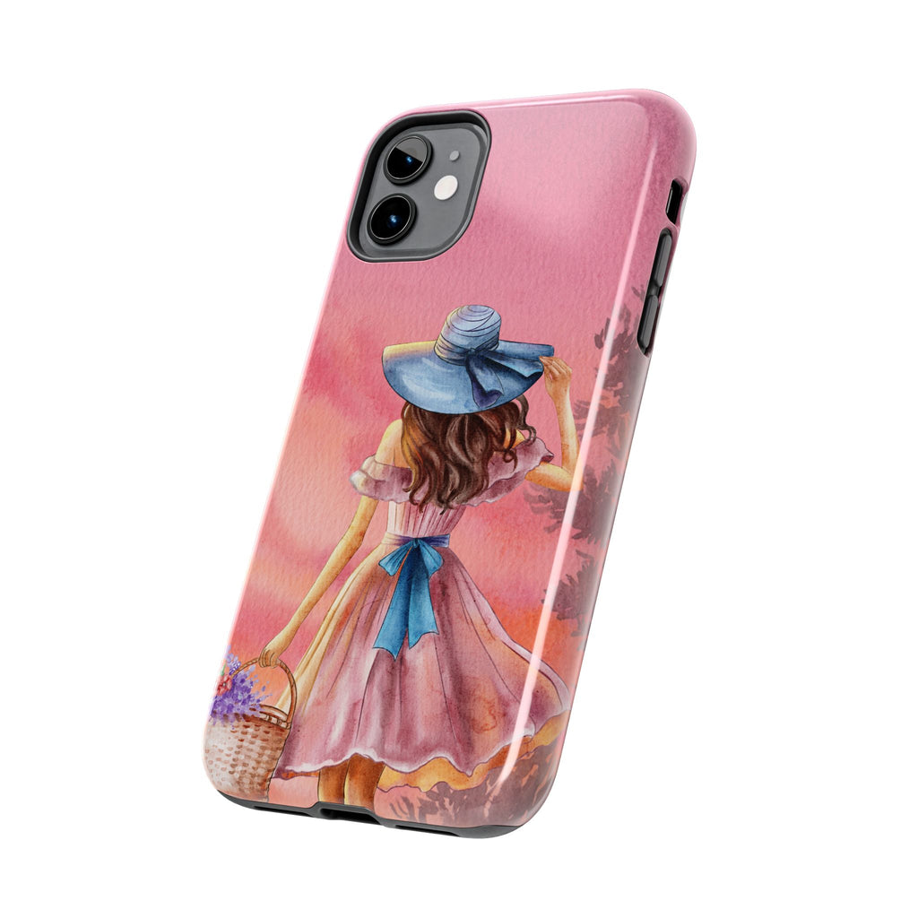 Pastel Picnic Girl Phone Case — Protective Tough Phone Case with Watercolor Sunset Design
