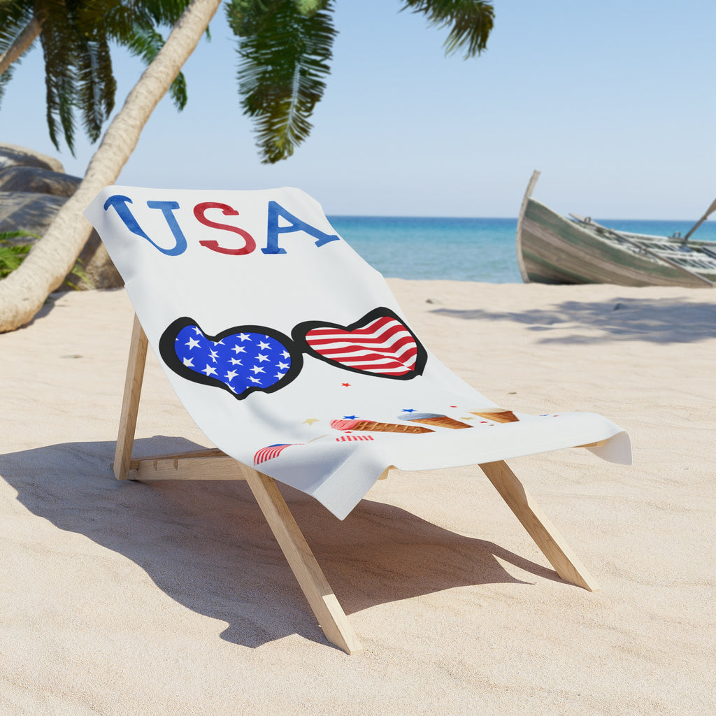 USA Hearts Patriotic Beach Towel — American Flag Sunglasses & Ice Cream 4th of July Towel