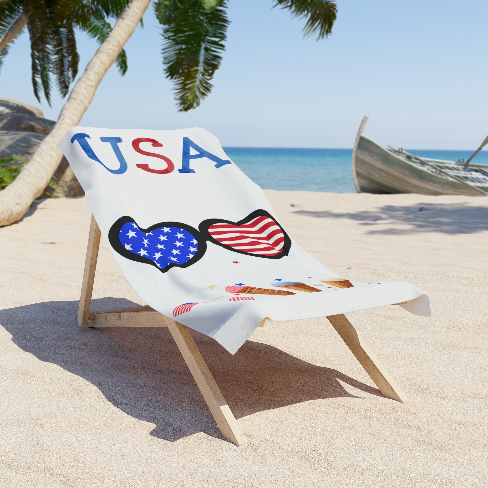 USA Hearts Patriotic Beach Towel — American Flag Sunglasses & Ice Cream 4th of July Towel