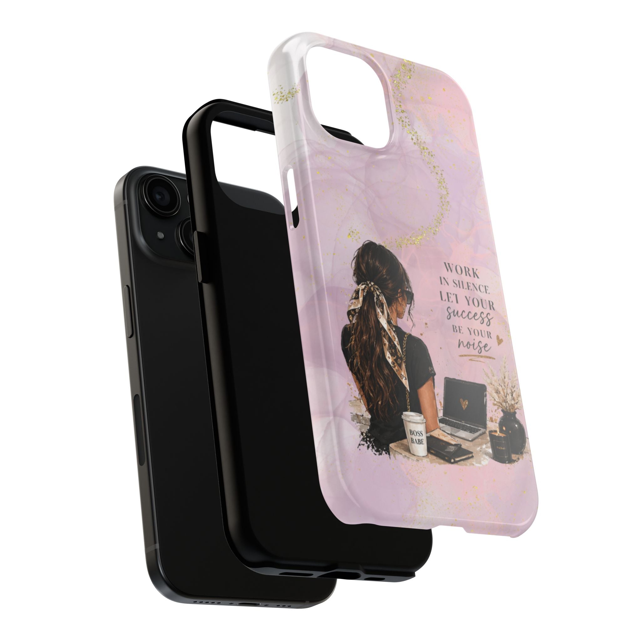 Inspirational Pink Work Desk Phone Case — "Work in Silence, Let Your Success Be Your Noise"