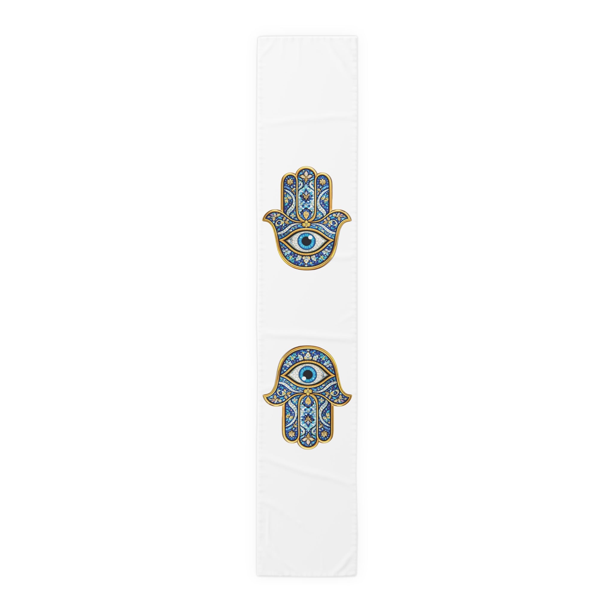 Hamsa Eye Table Runner — Blue Protective Hand Print Cotton-Poly Dining Decor