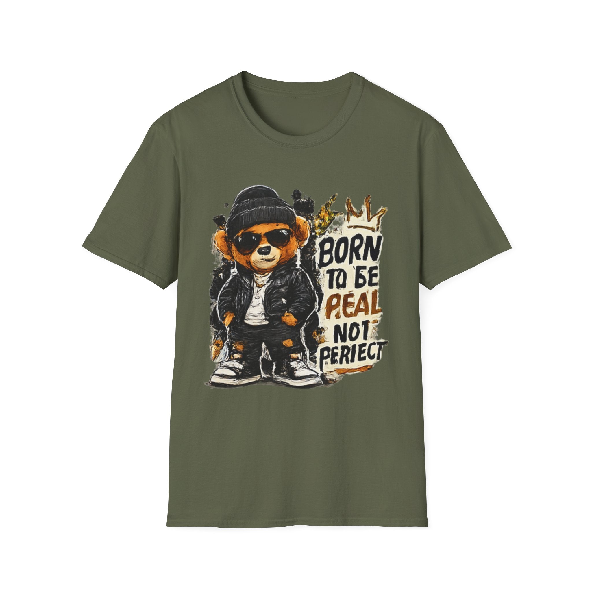 Bear Graphic T‑Shirt — "Born to Be Real Not Perfect" Vintage Streetwear