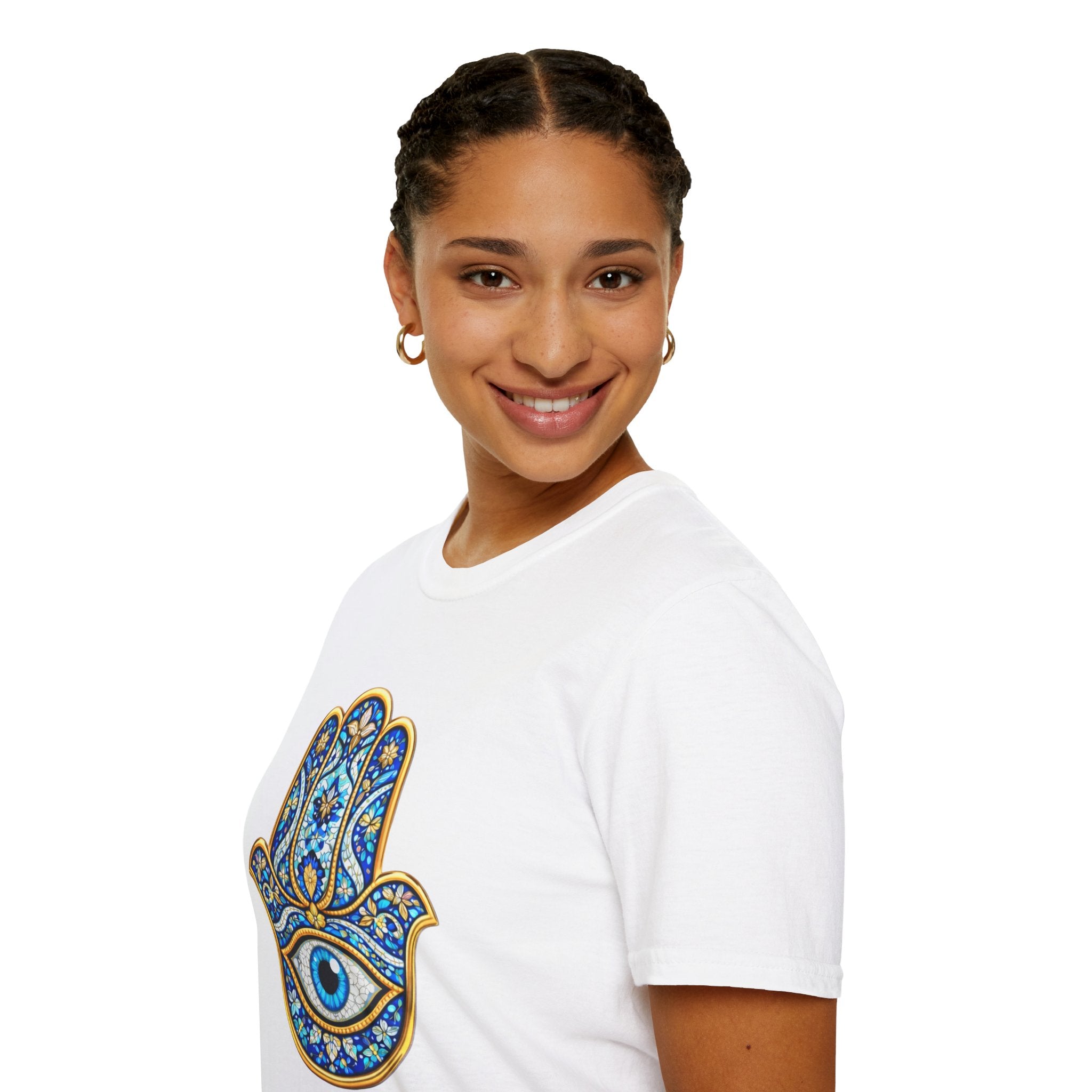 Hamsa Hand T-Shirt with Evil Eye – Blue Mosaic Protection Tee