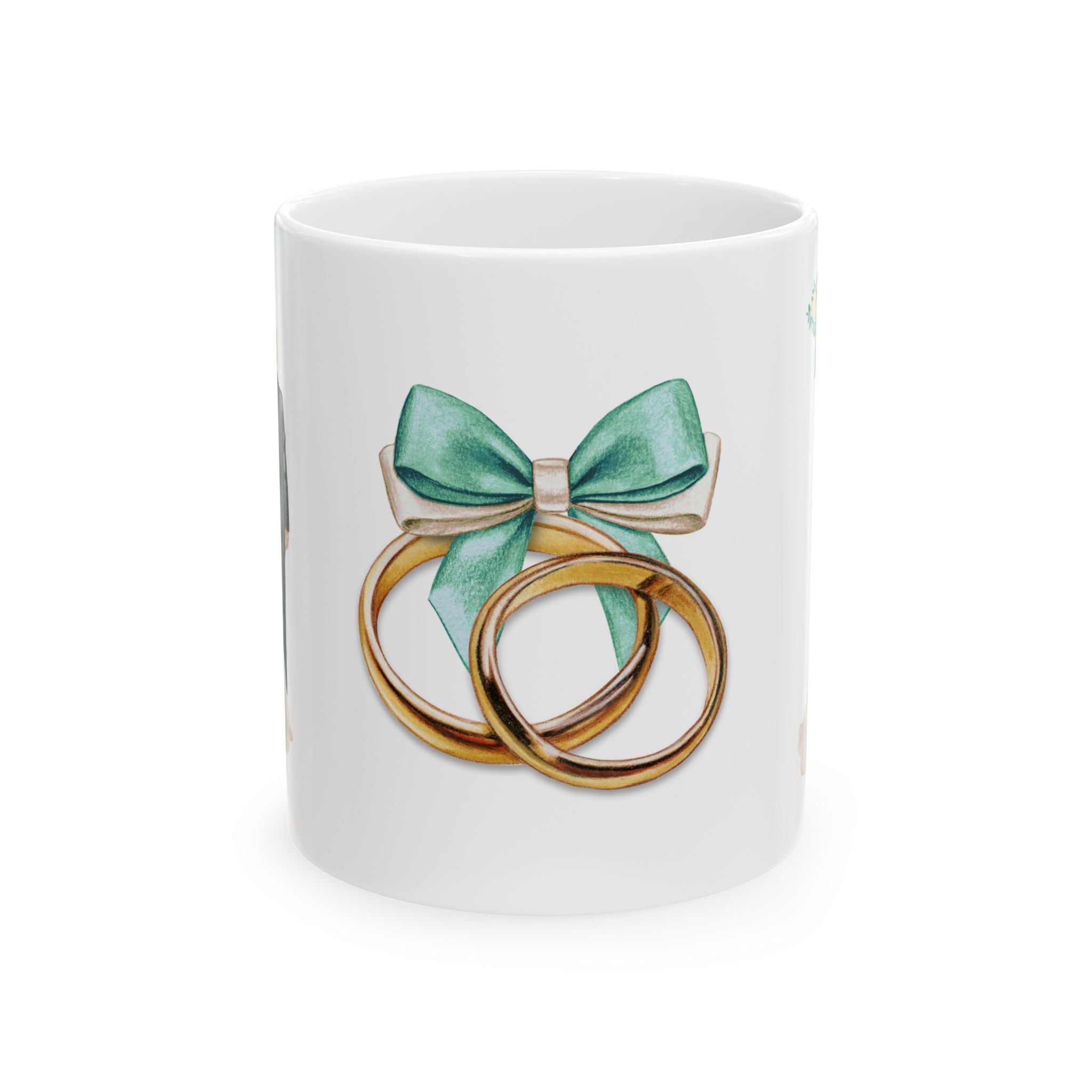 Wedding Rings & Couple Ceramic Mug — Bride and Groom Illustration (11oz/15oz)