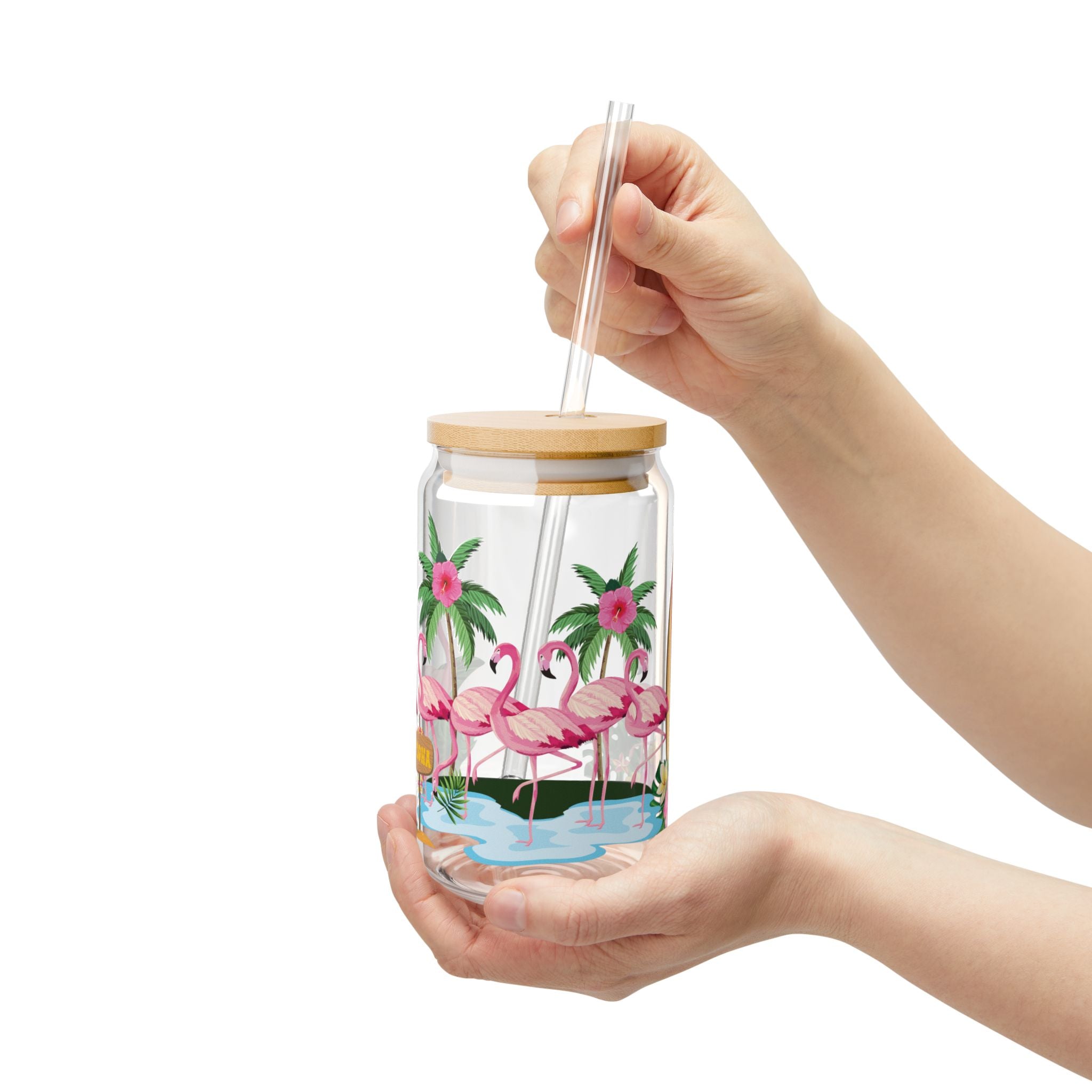 Flamingo Beach Sipper Glass — 16oz Tropical Drink Jar with Straw