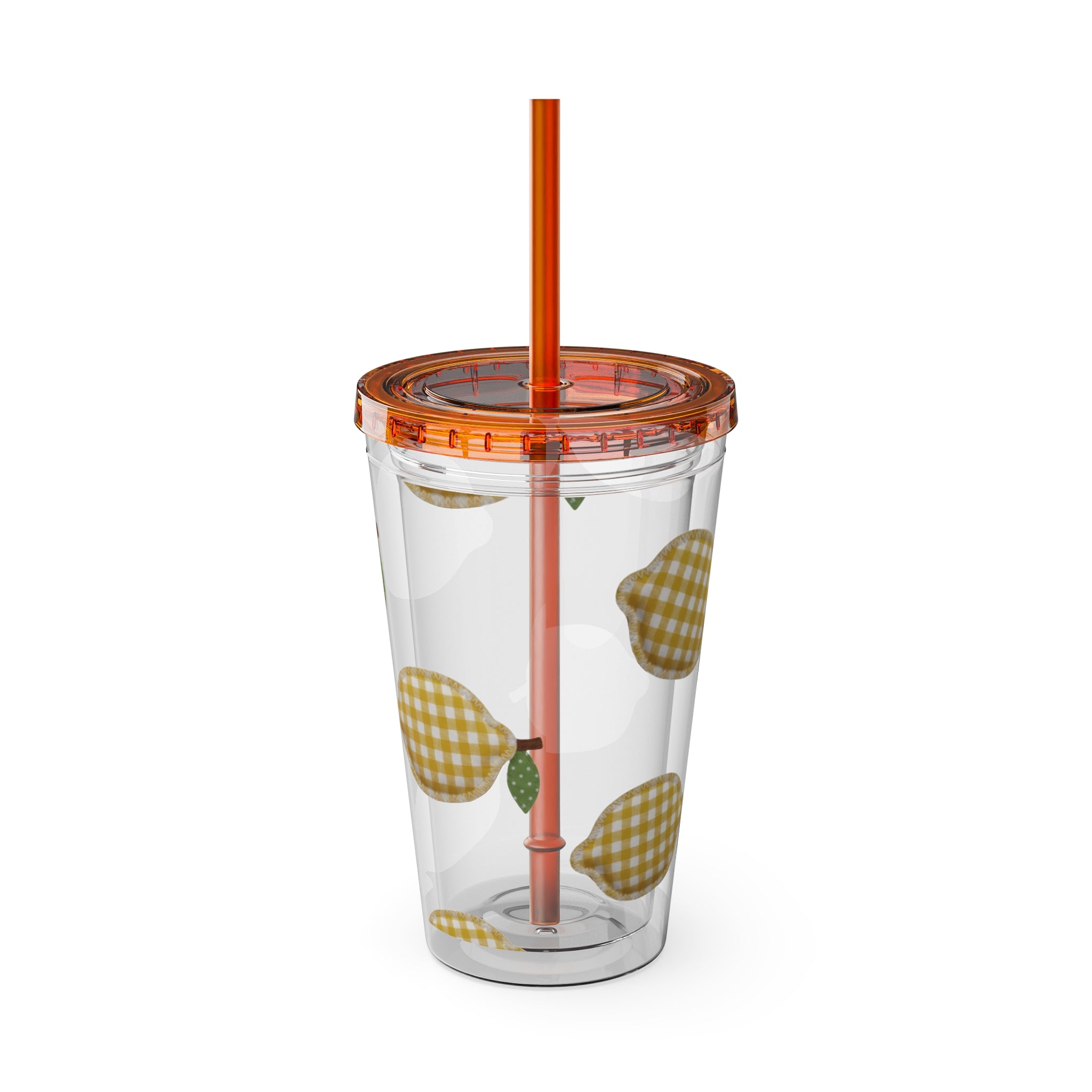 Gingham Pear Sunsplash Tumbler, 16oz Clear Travel Cup with Straw