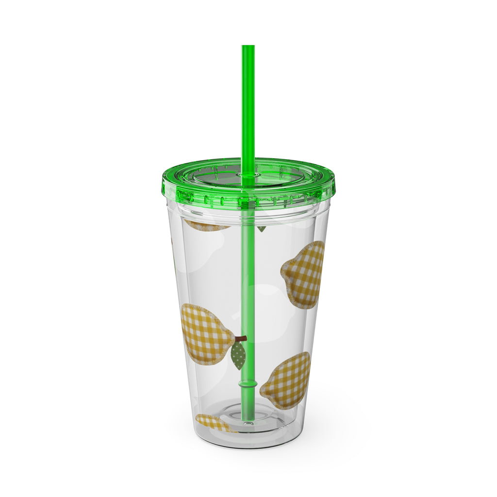 Gingham Pear Sunsplash Tumbler, 16oz Clear Travel Cup with Straw
