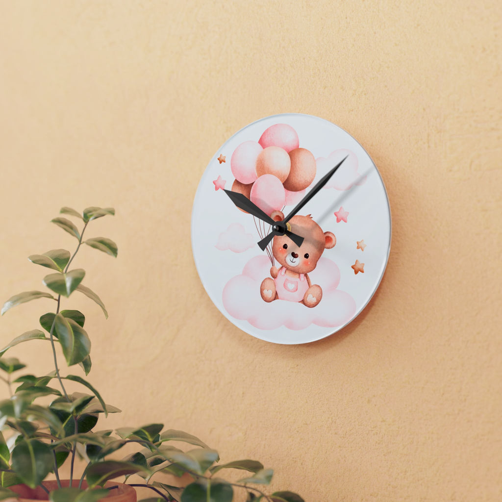Baby Bear Balloon Acrylic Wall Clock — Cute Nursery Decor
