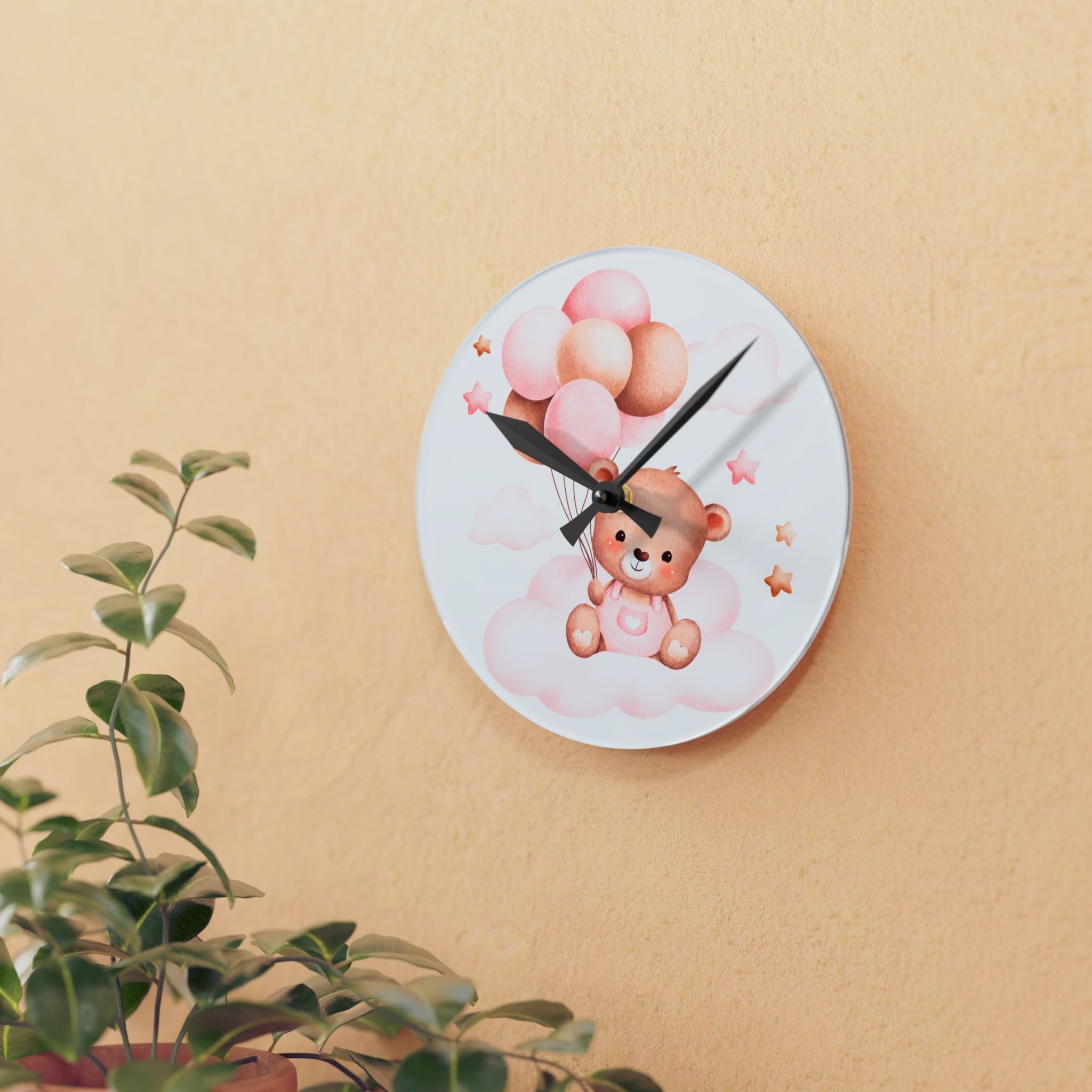 Baby Bear Balloon Acrylic Wall Clock — Cute Nursery Decor