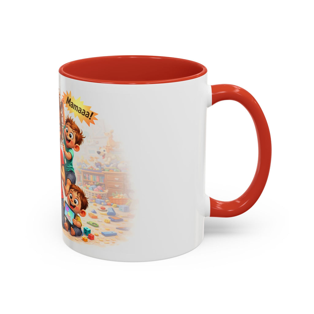 Coffee Mug – Funny Tired Mom Cartoon with Arabic “Mamaaa!” Designاهرب على فين
