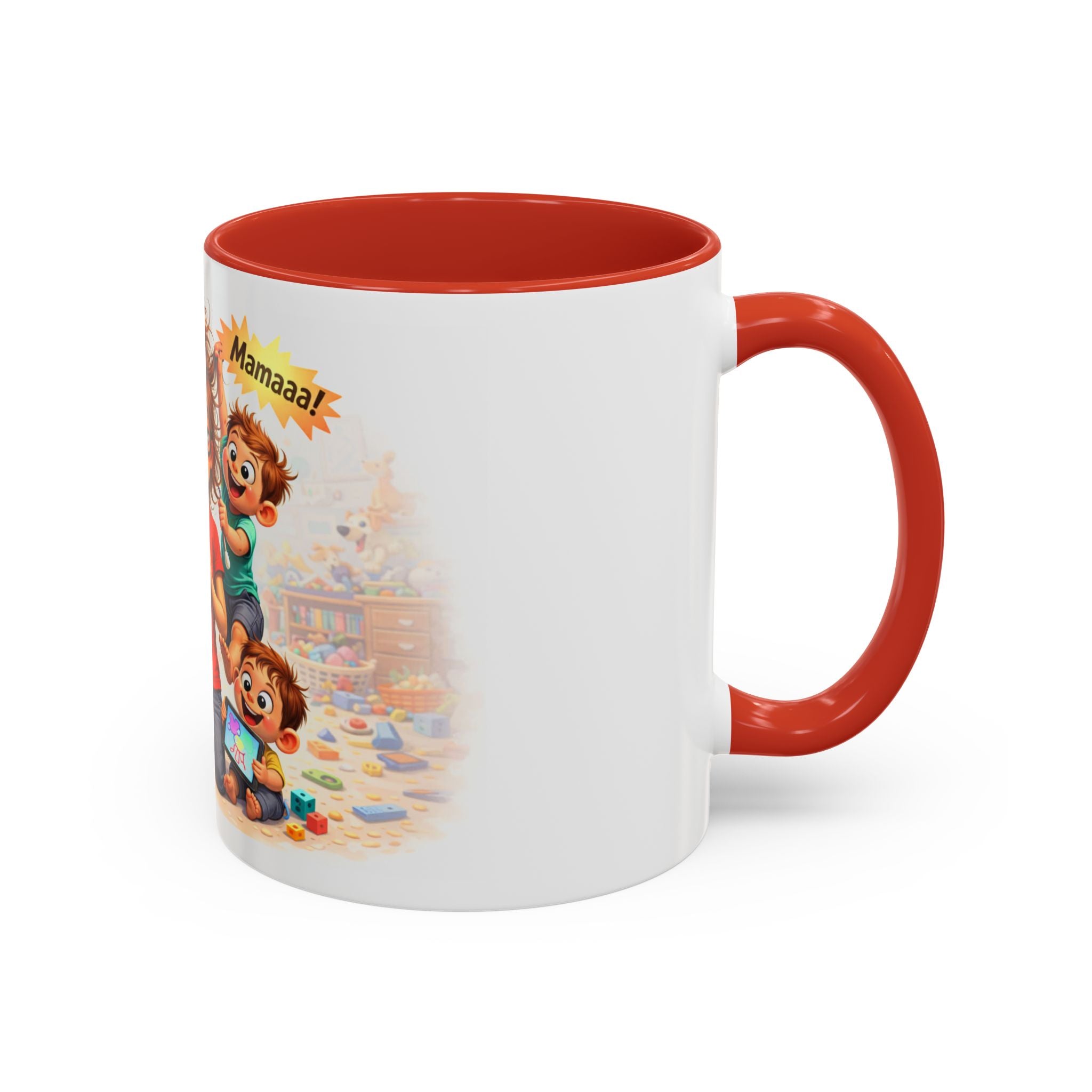 Coffee Mug – Funny Tired Mom Cartoon with Arabic “Mamaaa!” Designاهرب على فين