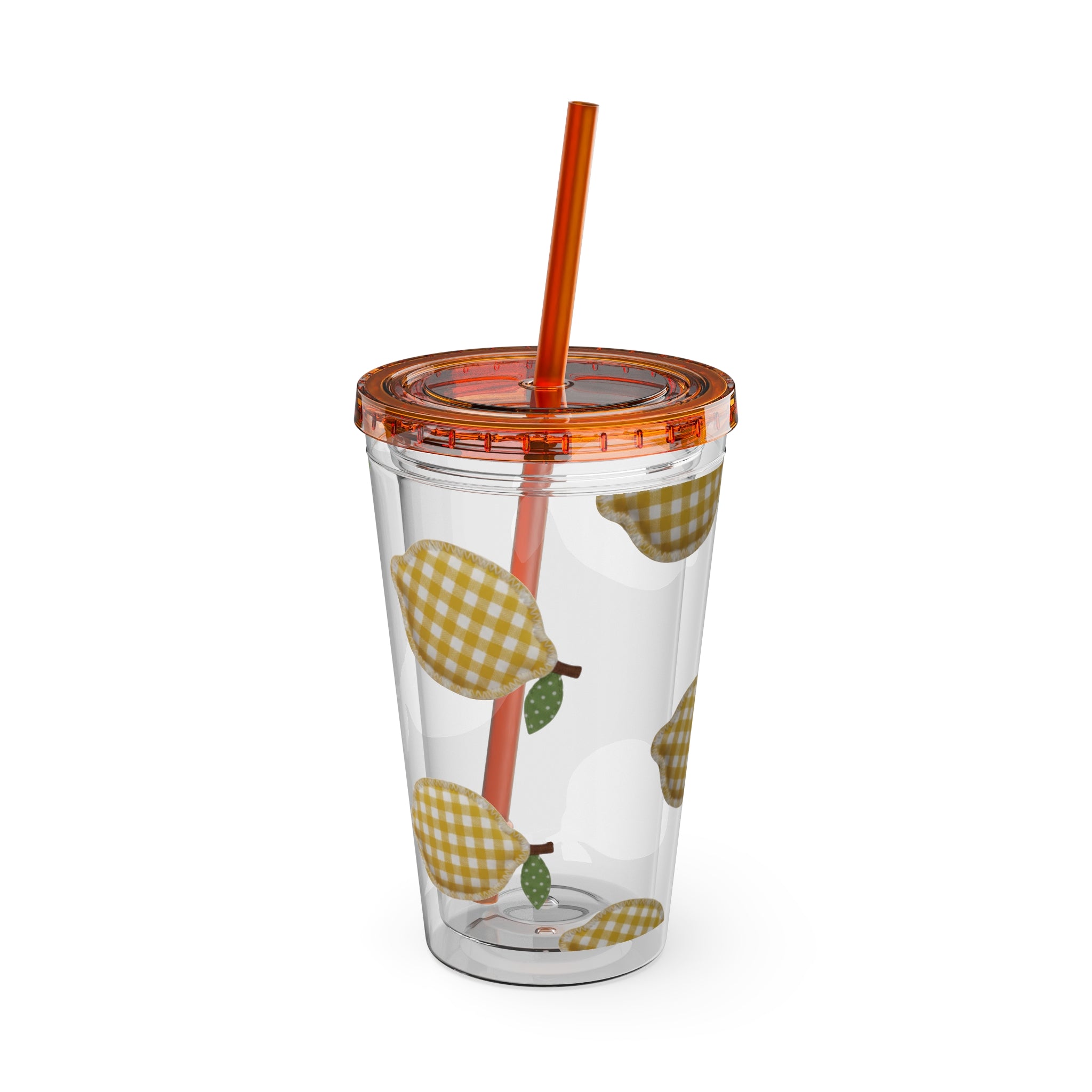 Gingham Pear Sunsplash Tumbler, 16oz Clear Travel Cup with Straw