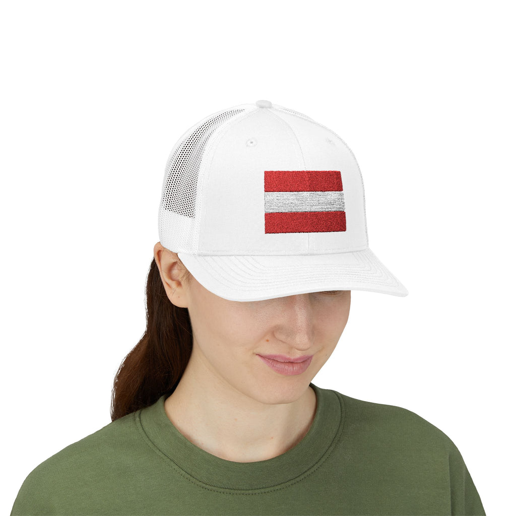Austria Trucker Hat with Red & White Flag Stripe — Sparkle Patch Snapback