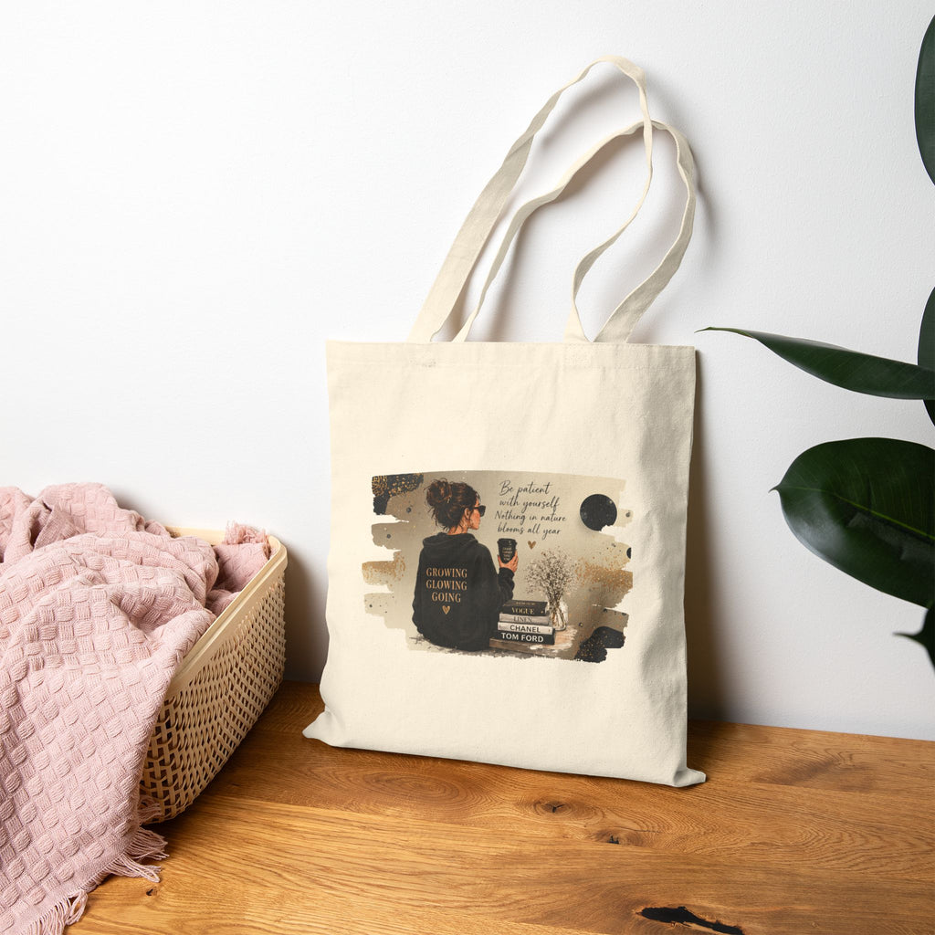 Canvas Tote Bag — 'Be Patient. Be Good to Your People' Cozy Coffee Shop Illustration