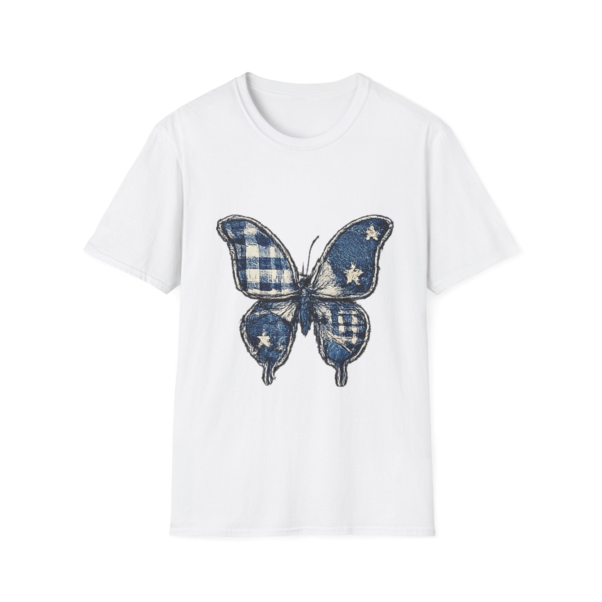 Butterfly Tee — Blue Plaid & Stars Graphic T-Shirt