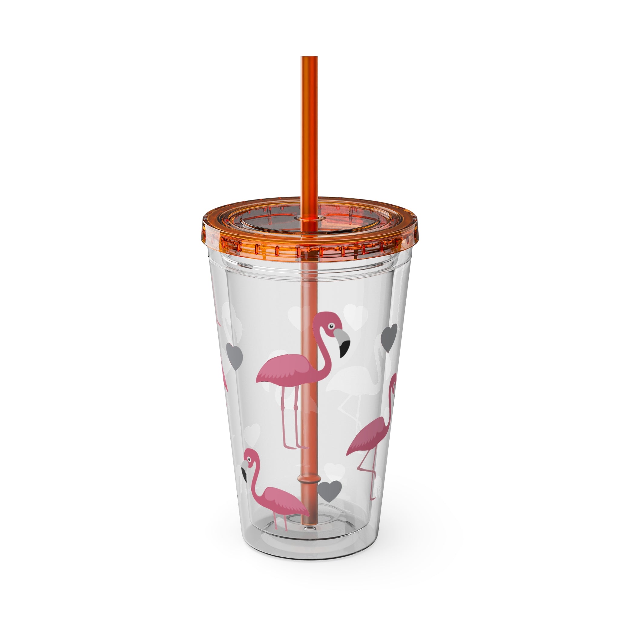 Flamingo Heart 16oz Tumbler with Straw — Cute Pink Flamingo Drink Cup