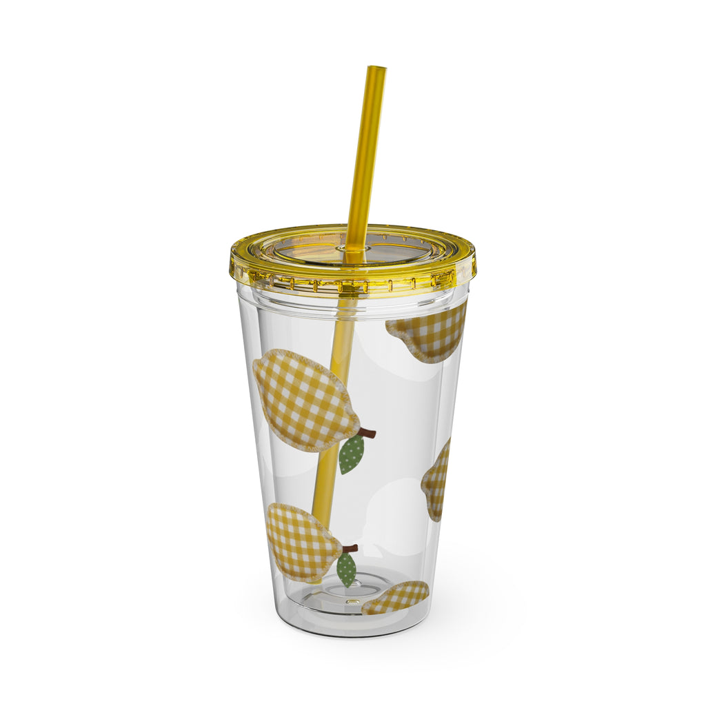 Gingham Pear Sunsplash Tumbler, 16oz Clear Travel Cup with Straw