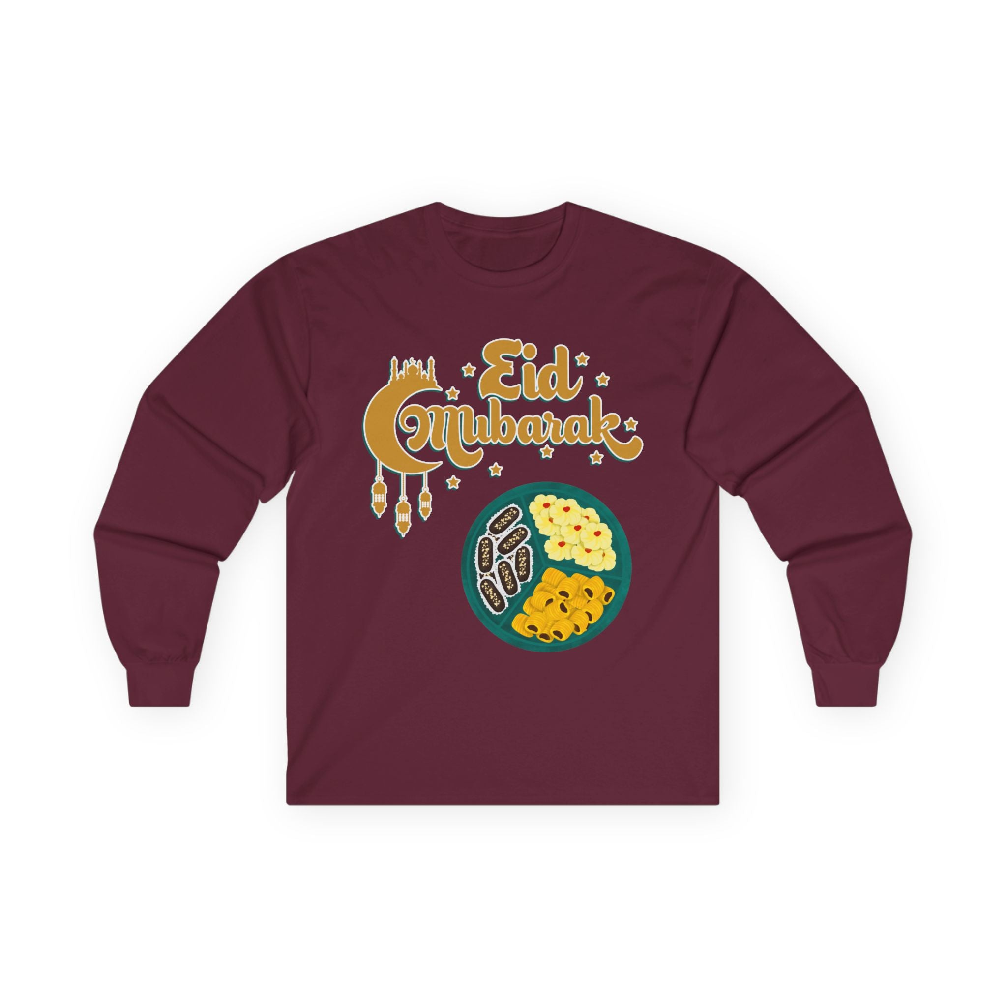 Eid Mubarak Long Sleeve Tee — Festive Ramadan Celebration Shirt with Dates & Sweets Design