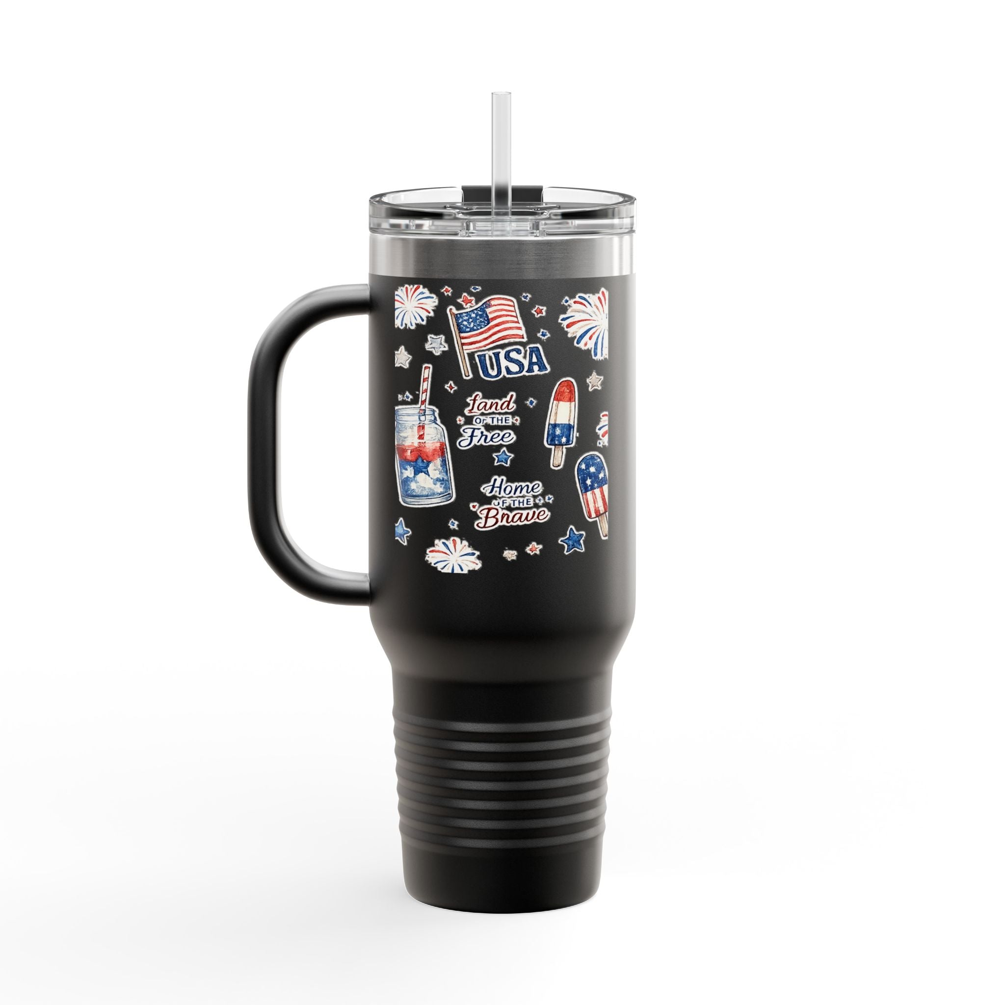 40oz Insulated Travel Mug — Patriotic USA Fourth of July Design (Land of the Free, Home of the Brave)