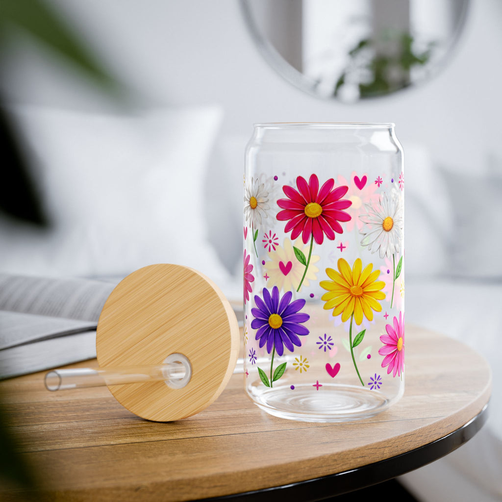 16oz Floral Sipper Glass with Bamboo Lid & Straw — Colorful Daisy Drink Tumbler
