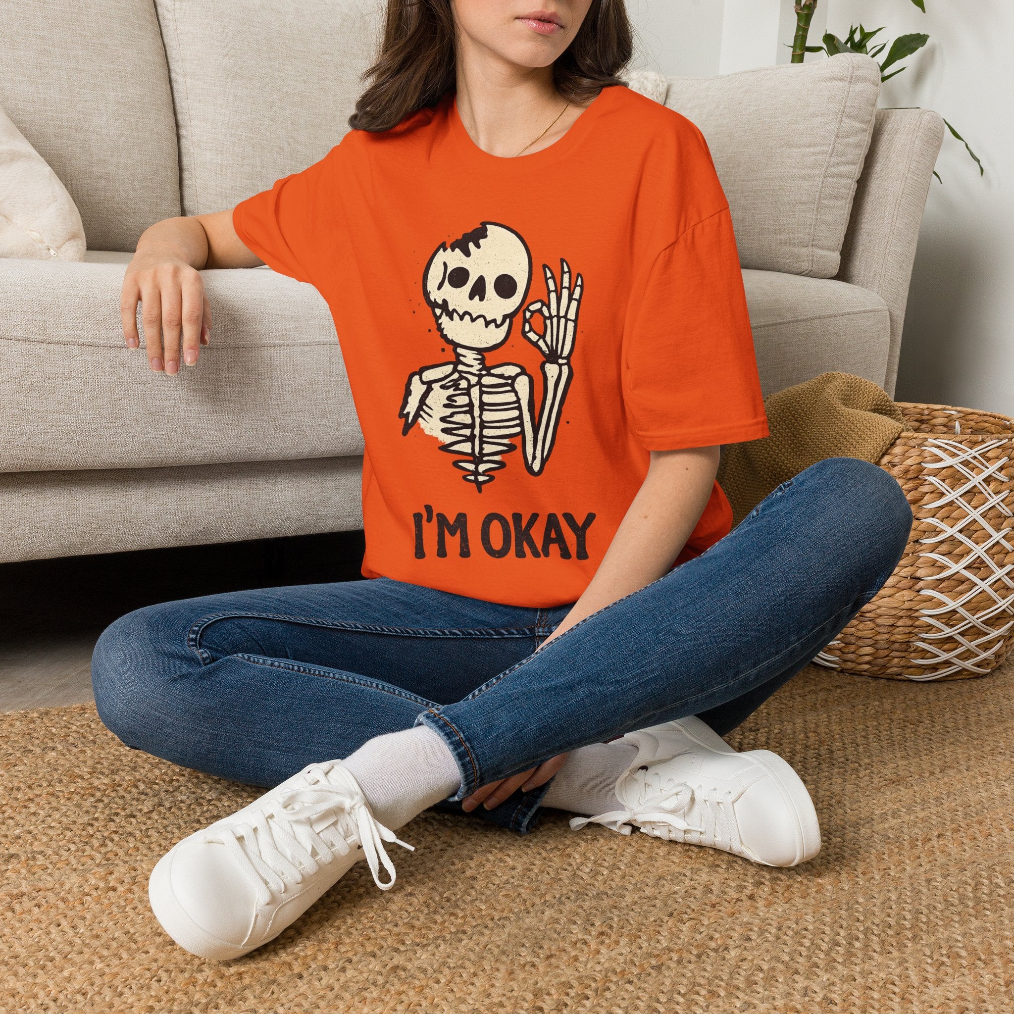 I'm Okay Skeleton T-Shirt — Cute Waving Skeleton Graphic Tee (Halloween, Spooky Casual)