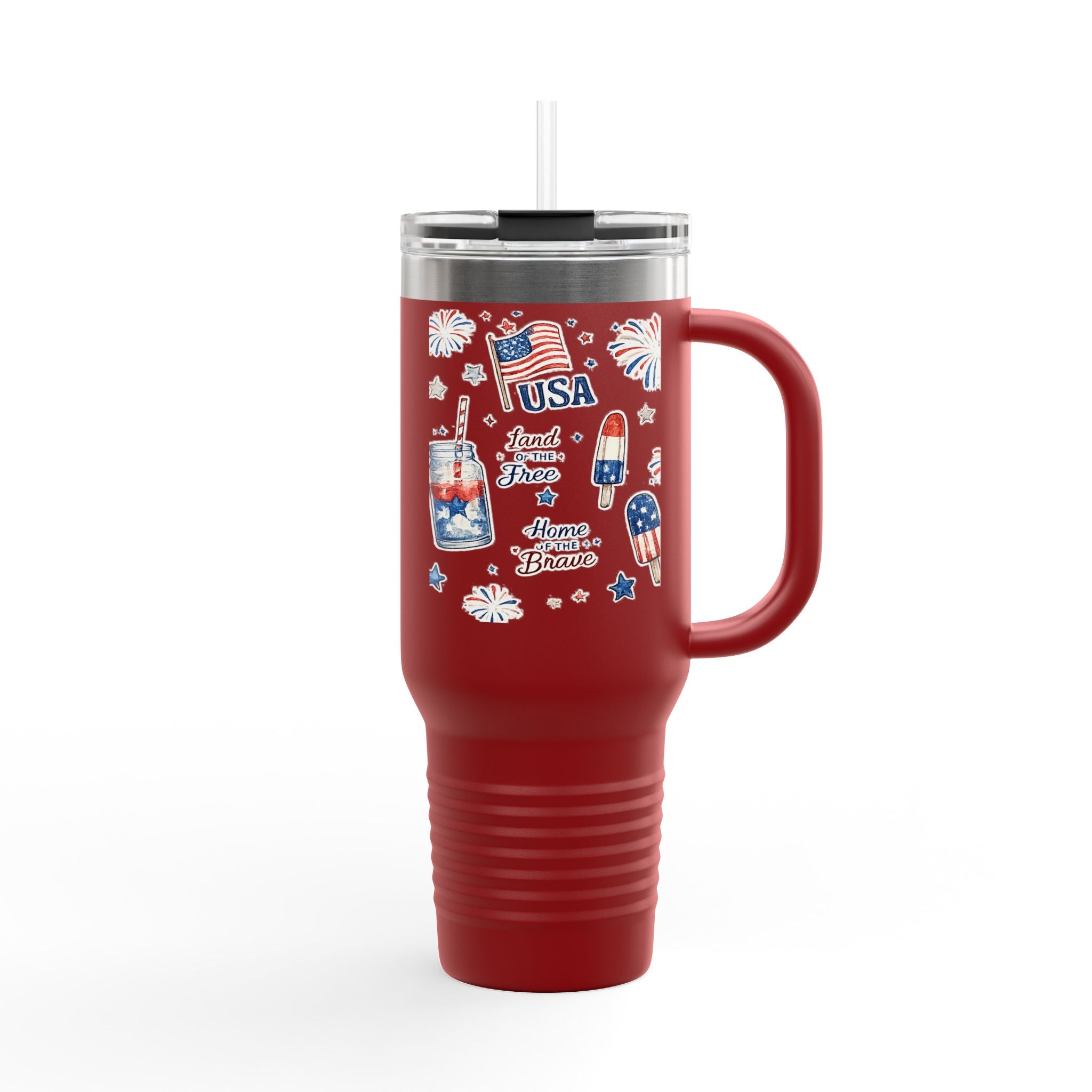 40oz Insulated Travel Mug — Patriotic USA Fourth of July Design (Land of the Free, Home of the Brave)