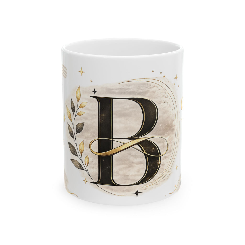 Monogram Letter B Ceramic Mug – Elegant Gold & Neutral Initial Coffee Cup