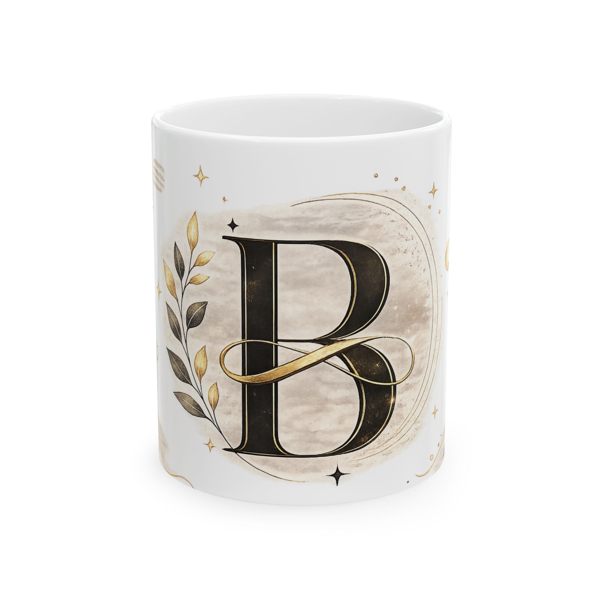 Monogram Letter B Ceramic Mug – Elegant Gold & Neutral Initial Coffee Cup