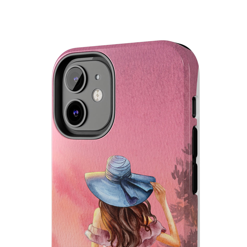 Pastel Picnic Girl Phone Case — Protective Tough Phone Case with Watercolor Sunset Design