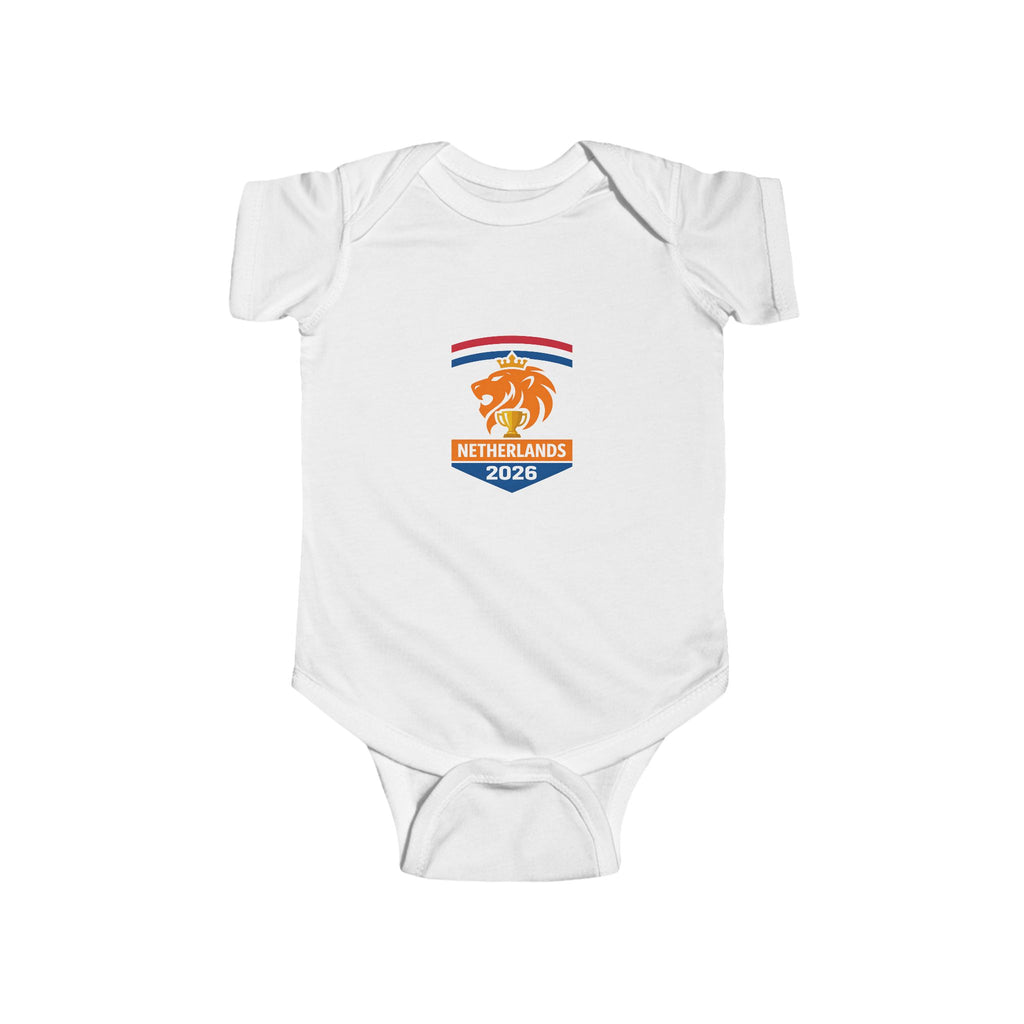 Netherlands 2026 Baby Bodysuit - Orange Lion Crest & Dutch Flag Infant Onesie